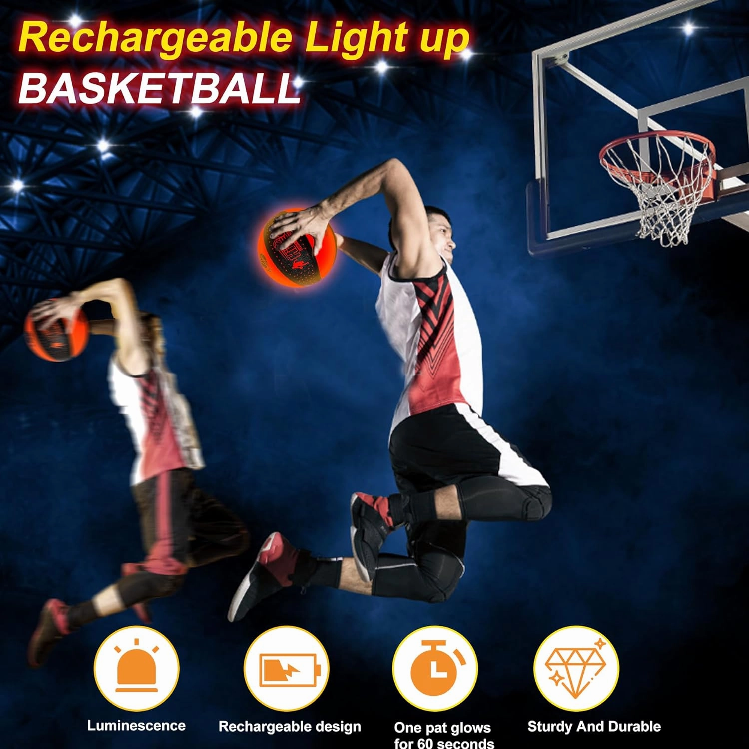 Rechargeable Glow in The Dark Basketball - USB Charging, Water-Resistant, Size 7, Impact Activated, Includes Pump & Charging Cable - Rechargeable Light Up Basketball - Star