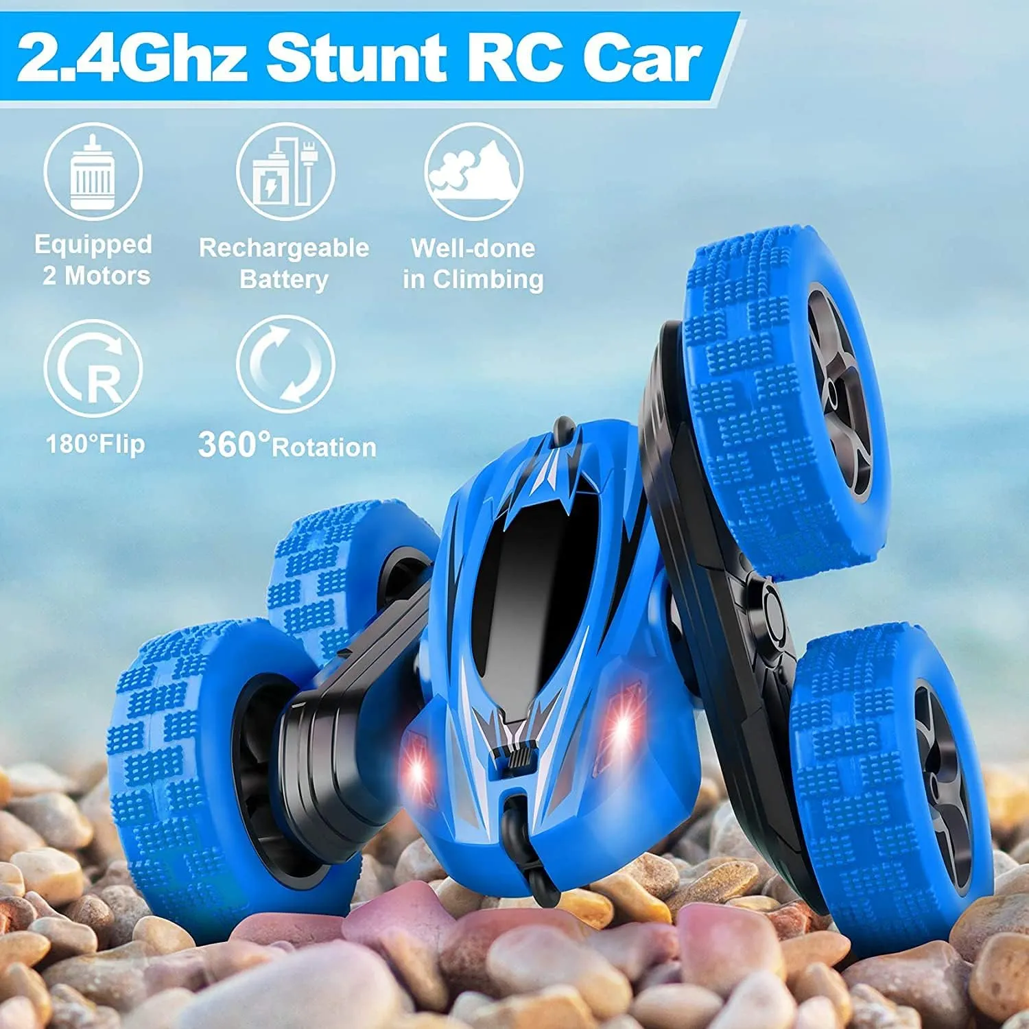 Remote Control Car, RC Cars 2.4GHz Fast Stunt RC Car, 4WD Double Sided 360° Rotating RC Trucks with Headlights, Off Road RC Crawler Toy Cars for Kids Boys Girls (Blue)