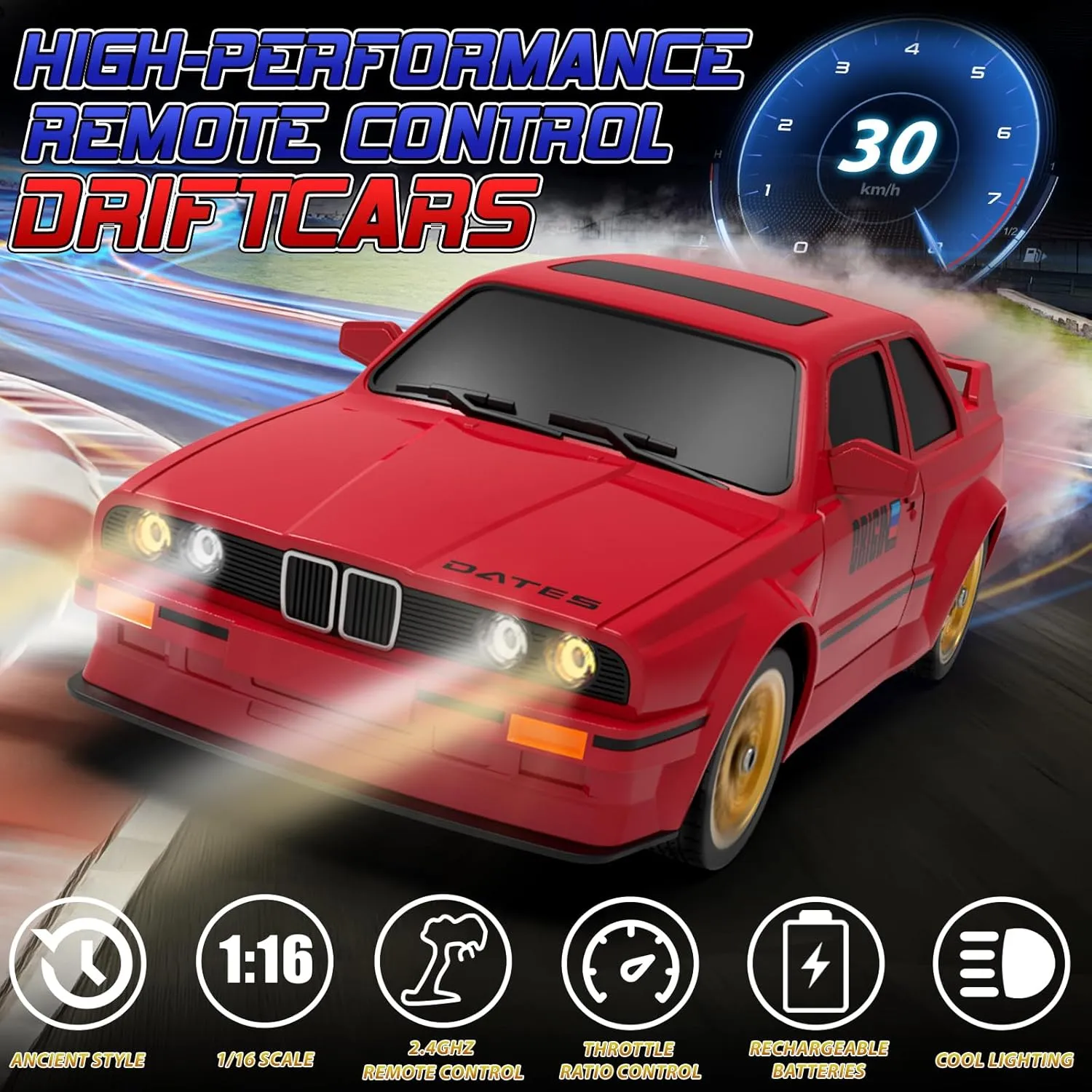 Remote Control Cars 1:16 Scale RC Drift Car 2.4Ghz 30KM/H High Speed 4WD RTR Racing Car with Drift Tires LED Lights 2PCS Rechargeable Batteries RC Sport Cars Toys for Adults Boys Girls Kids Gift