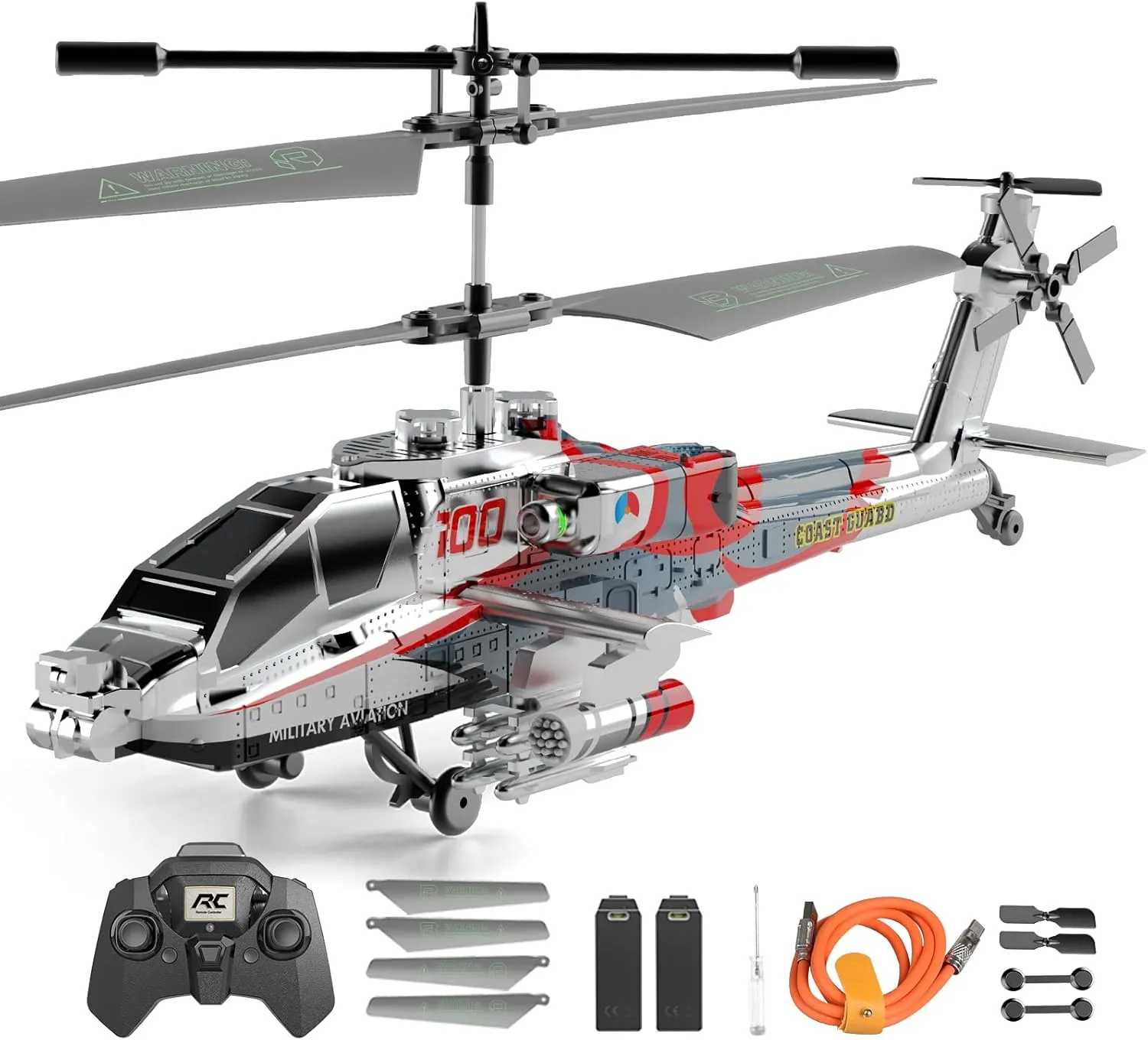 Remote Control Military Flying Helicopter Toy 2.4GHz, 3.5 Channels, Gyro & LED Light, Altitude Hold, RC Helicopters for Kids Adults Beginner (Silvery)
