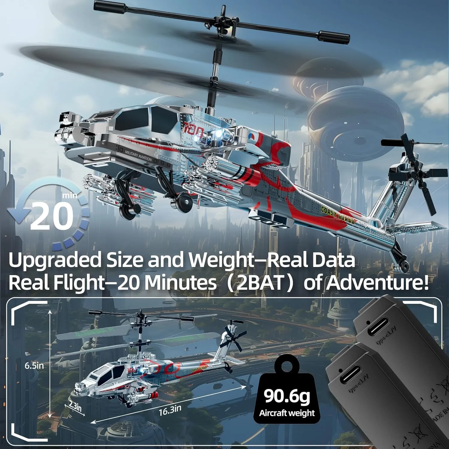Remote Control Military Flying Helicopter Toy 2.4GHz, 3.5 Channels, Gyro & LED Light, Altitude Hold, RC Helicopters for Kids Adults Beginner (Silvery)