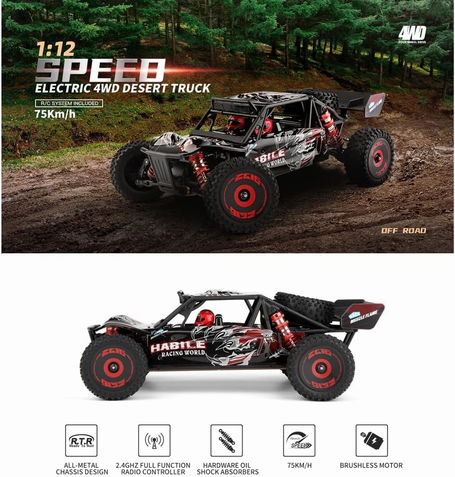 Remote Control Car,75 KMH 1:12 Scale Brushless Fast RC Cars,4WD Off Road Buggy Racing Car with Oil-Filled Shocks Xmas Gift for Kids Adults Boy Teens RTR