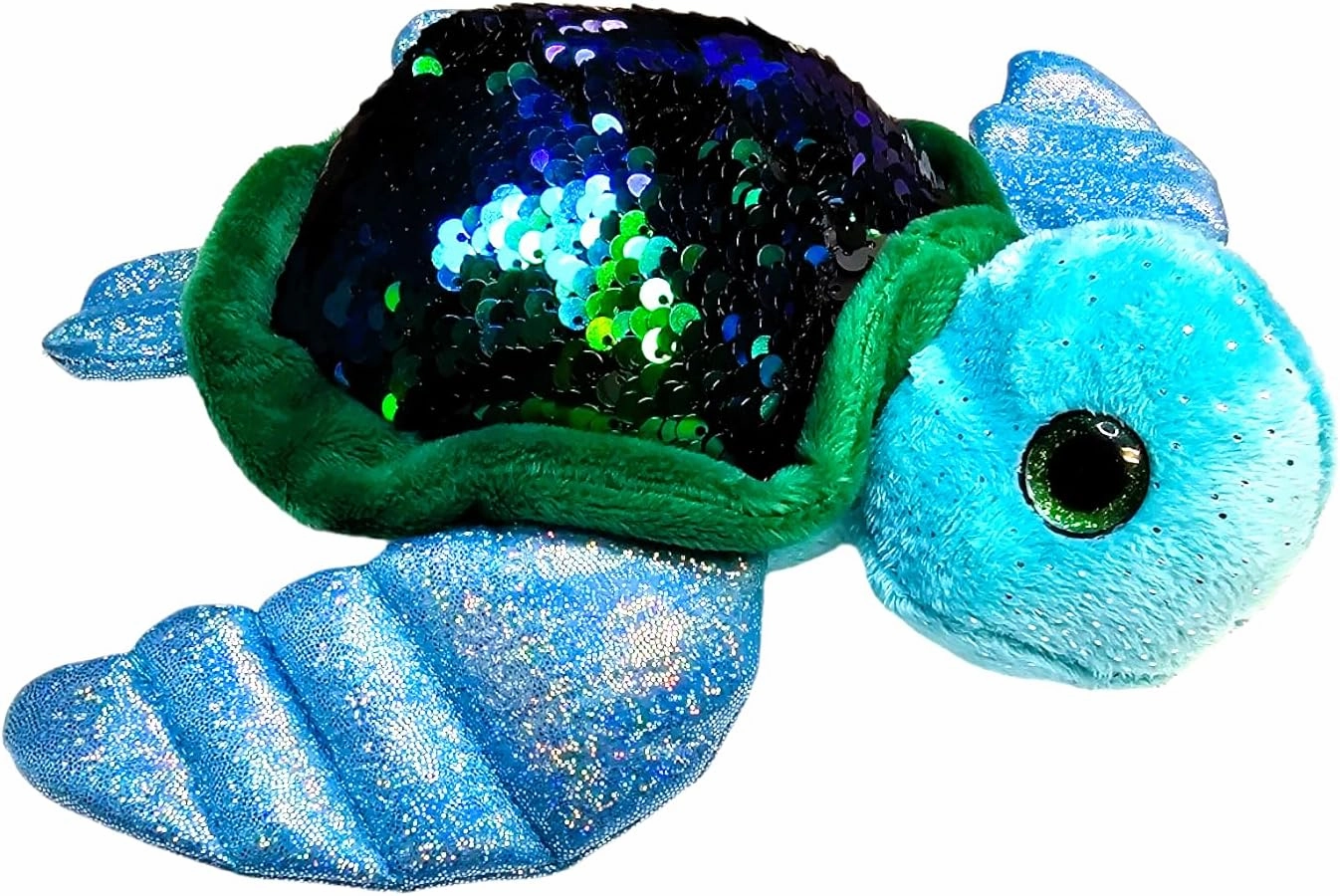 Reversible Sequin Sea Turtle Plush Toy (11") Glitter Eyes Stuffed Animal Reversible Sequins Birthday Party Favor Decor Sea Creature Oceanic Animal (Teal (Green/Black Sequin))