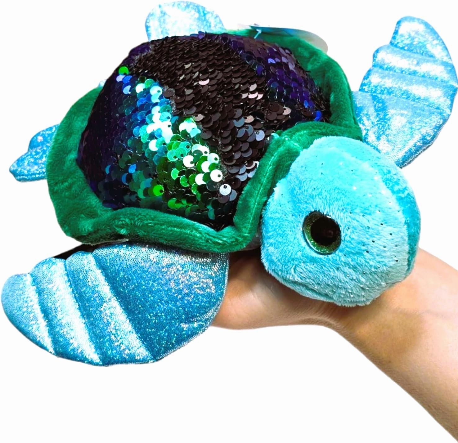 Reversible Sequin Sea Turtle Plush Toy (11") Glitter Eyes Stuffed Animal Reversible Sequins Birthday Party Favor Decor Sea Creature Oceanic Animal (Teal (Green/Black Sequin))