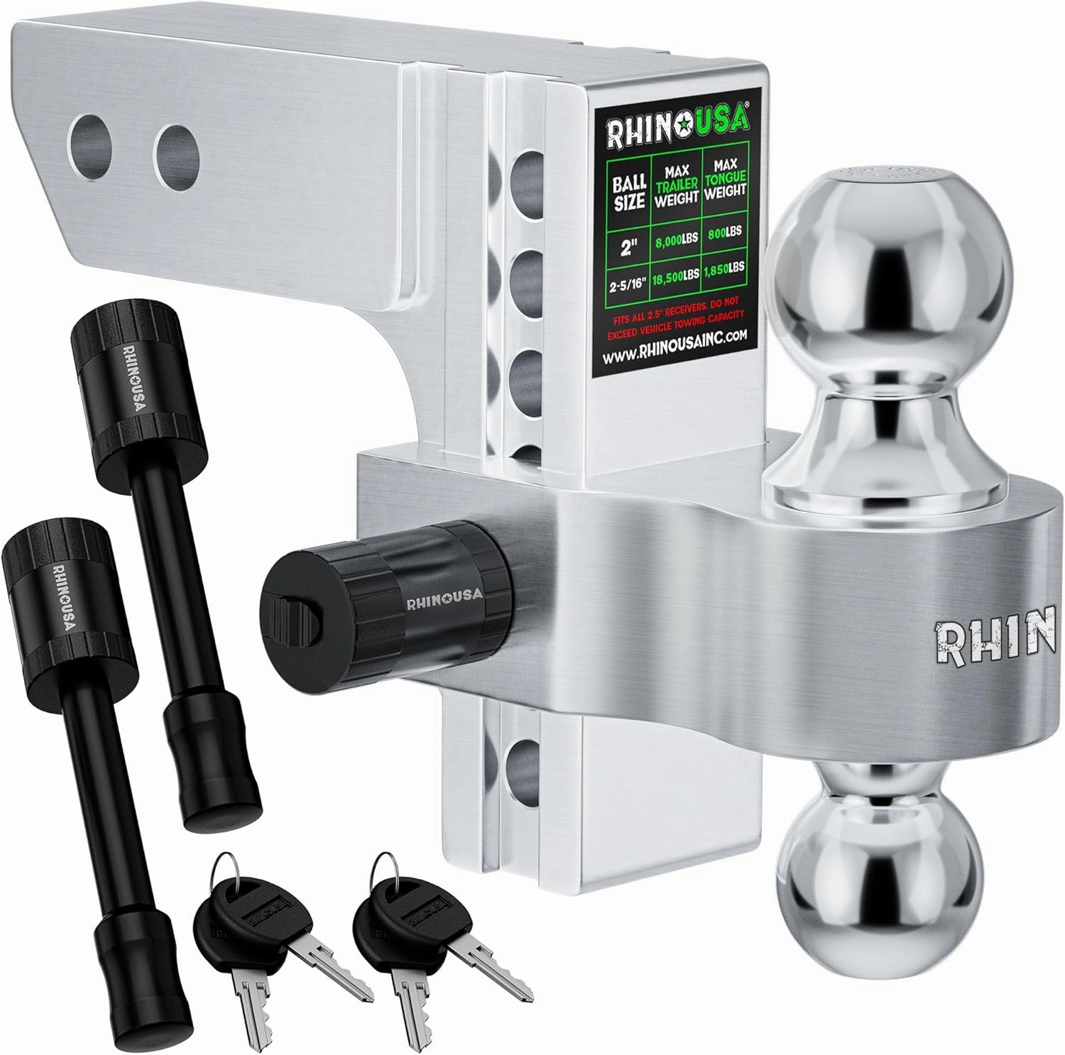 Rhino USA Adjustable Trailer Hitch (2.5-Inch Receiver) - Heavy Duty Aluminum Tow Hitches with 6-Inch Drop/Rise for Truck (18,500 LBS GTW) - Weatherproof Double Anti-Theft Locking Hitch Pins (Silver)