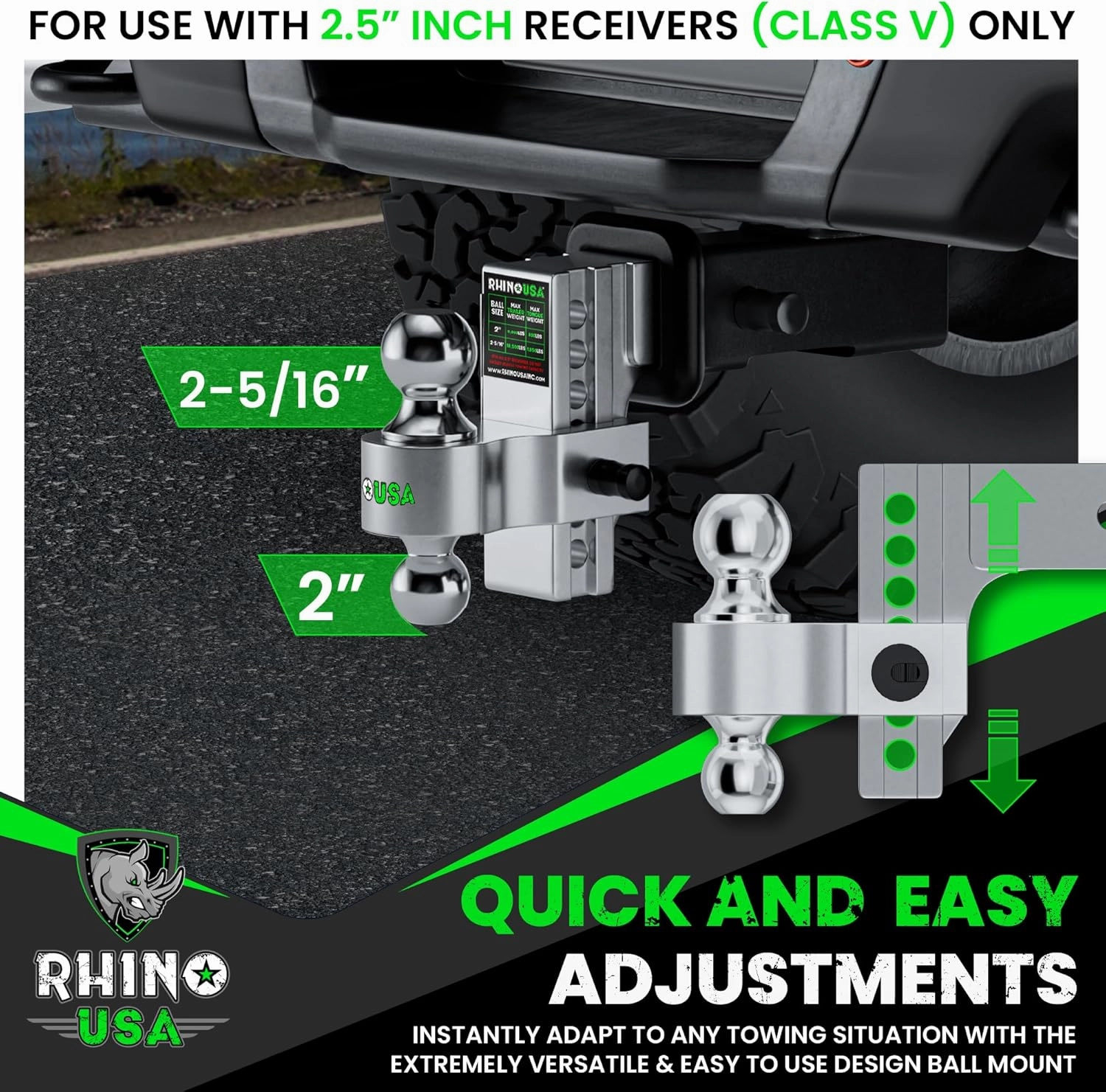 Rhino USA Adjustable Trailer Hitch (2.5-Inch Receiver) - Heavy Duty Aluminum Tow Hitches with 6-Inch Drop/Rise for Truck (18,500 LBS GTW) - Weatherproof Double Anti-Theft Locking Hitch Pins (Silver)