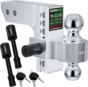 Rhino USA Adjustable Trailer Hitch (2.5-Inch Receiver) - Heavy Duty Aluminum Tow Hitches with 6-Inch Drop/Rise for Truck (18,500 LBS GTW) - Weatherproof Double Anti-Theft Locking Hitch Pins (Silver)