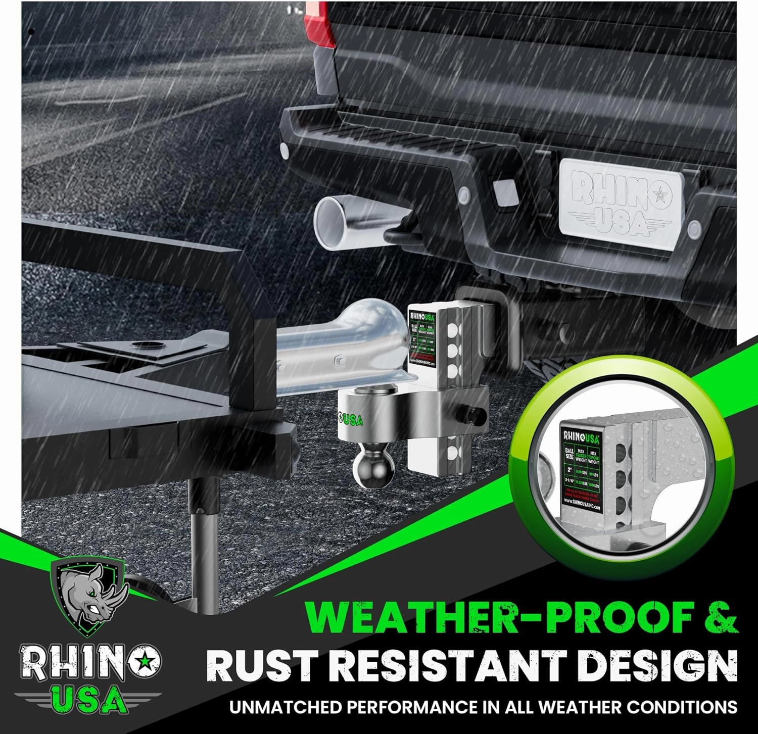 Rhino USA Adjustable Trailer Hitch (2.5-Inch Receiver) - Heavy Duty Aluminum Tow Hitches with 6-Inch Drop/Rise for Truck (18,500 LBS GTW) - Weatherproof Double Anti-Theft Locking Hitch Pins (Silver)