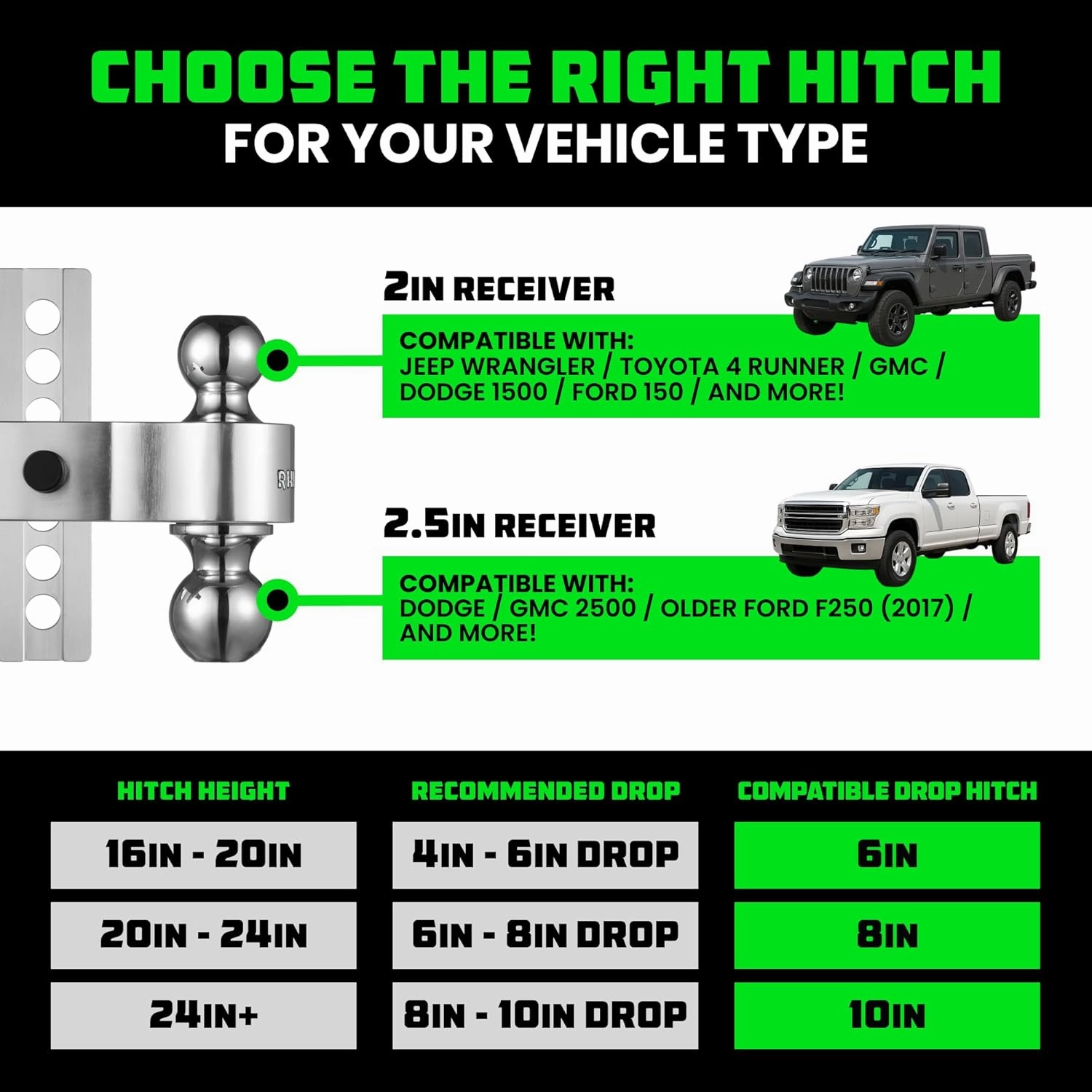 Rhino USA Adjustable Trailer Hitch (2.5-Inch Receiver) - Heavy Duty Aluminum Tow Hitches with 6-Inch Drop/Rise for Truck (18,500 LBS GTW) - Weatherproof Double Anti-Theft Locking Hitch Pins (Silver)