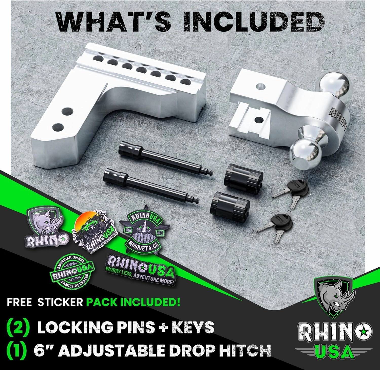 Rhino USA Adjustable Trailer Hitch (2.5-Inch Receiver) - Heavy Duty Aluminum Tow Hitches with 6-Inch Drop/Rise for Truck (18,500 LBS GTW) - Weatherproof Double Anti-Theft Locking Hitch Pins (Silver)