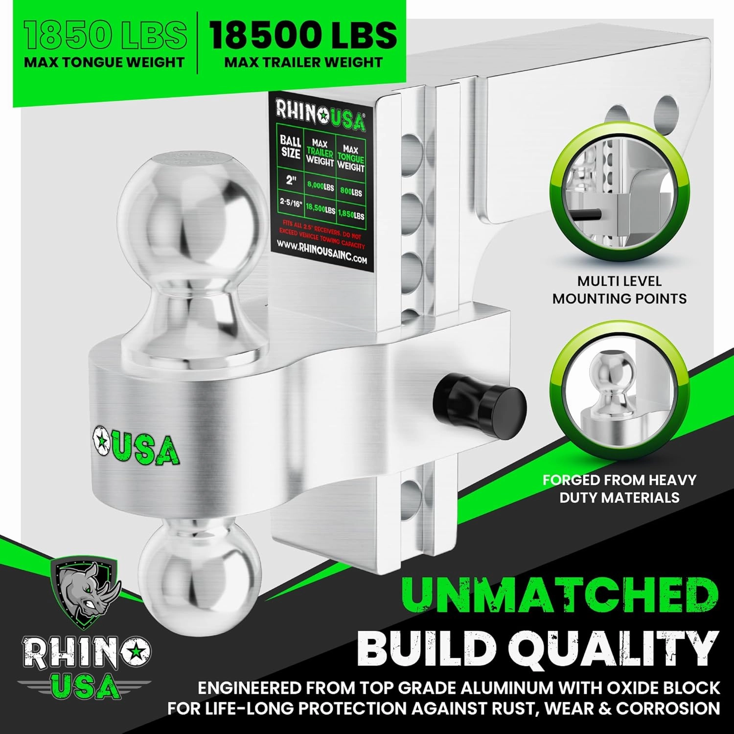 Rhino USA Adjustable Trailer Hitch (2.5-Inch Receiver) - Heavy Duty Aluminum Tow Hitches with 6-Inch Drop/Rise for Truck (18,500 LBS GTW) - Weatherproof Double Anti-Theft Locking Hitch Pins (Silver)