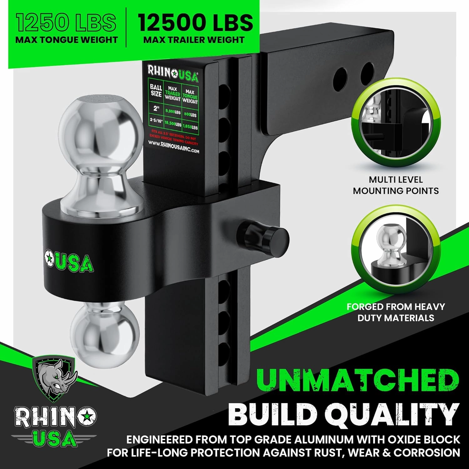 Rhino USA Adjustable Trailer Hitch (2-Inch Receiver) - Heavy Duty Aluminum Tow Hitches with 8-Inch Drop/Rise for Truck (12,500 LBS GTW) - Weatherproof Double Anti-Theft Locking Hitch Pins (Black)