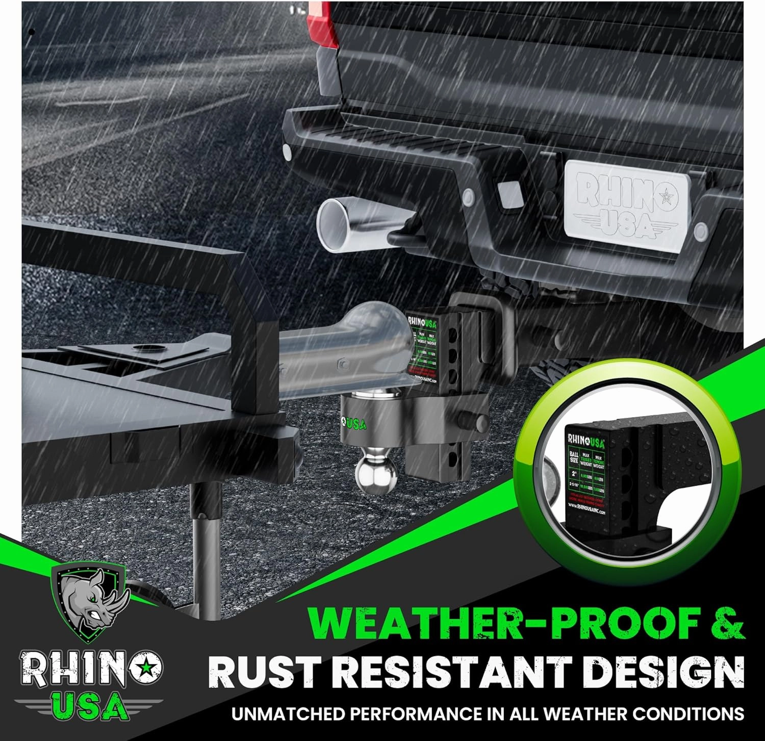 Rhino USA Adjustable Trailer Hitch (2-Inch Receiver) - Heavy Duty Aluminum Tow Hitches with 8-Inch Drop/Rise for Truck (12,500 LBS GTW) - Weatherproof Double Anti-Theft Locking Hitch Pins (Black)