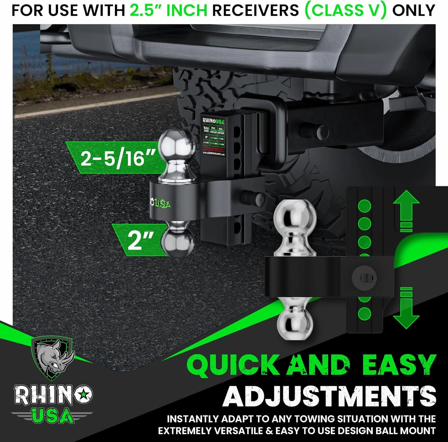 Rhino USA Adjustable Trailer Hitch (2-Inch Receiver) - Heavy Duty Aluminum Tow Hitches with 8-Inch Drop/Rise for Truck (12,500 LBS GTW) - Weatherproof Double Anti-Theft Locking Hitch Pins (Black)