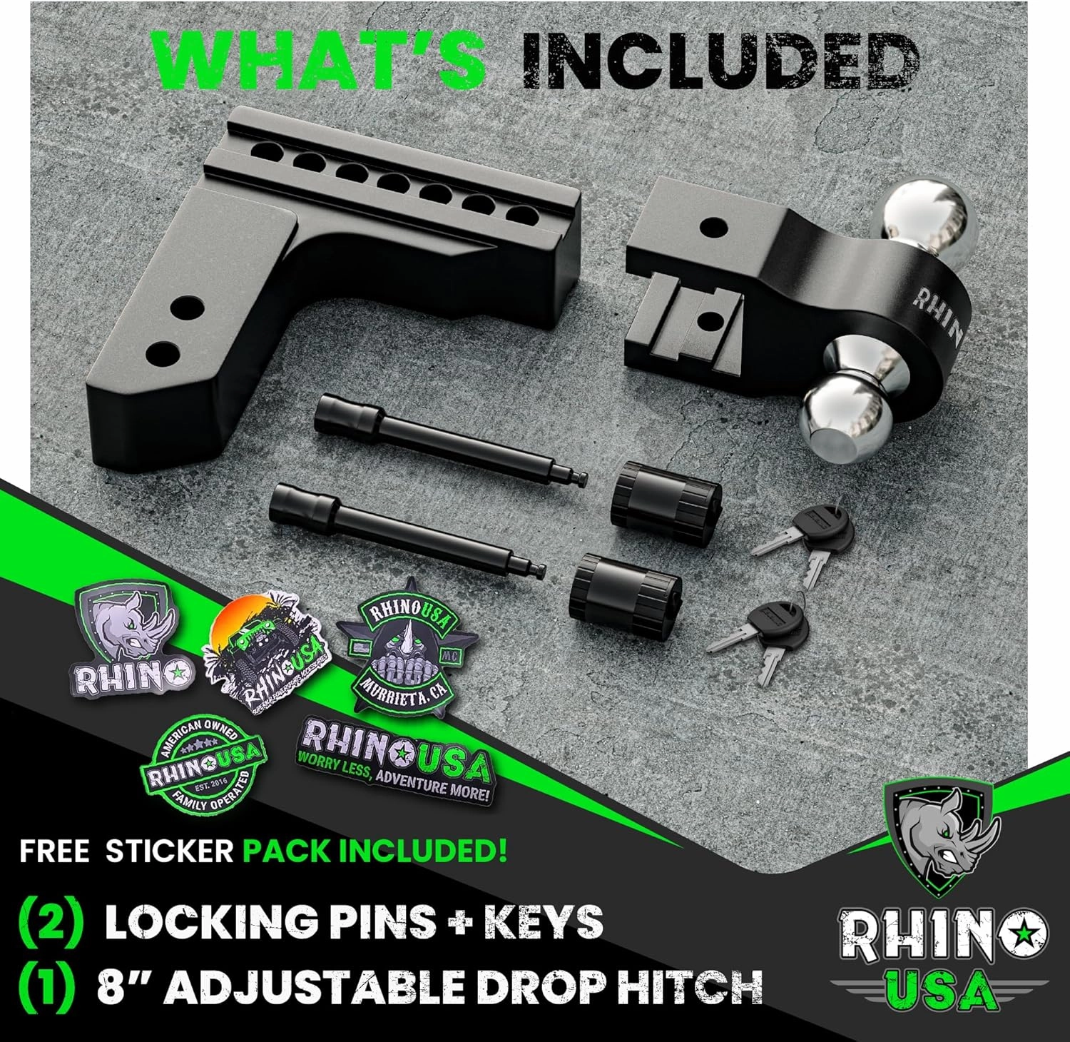 Rhino USA Adjustable Trailer Hitch (2-Inch Receiver) - Heavy Duty Aluminum Tow Hitches with 8-Inch Drop/Rise for Truck (12,500 LBS GTW) - Weatherproof Double Anti-Theft Locking Hitch Pins (Black)