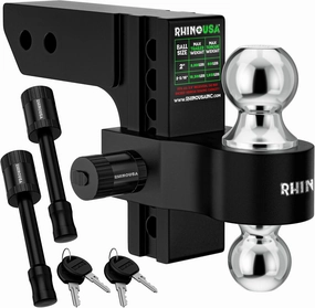 Rhino USA Adjustable Trailer Hitch (2-Inch Receiver) - Heavy Duty Aluminum Tow Hitches with 8-Inch Drop/Rise for Truck (12,500 LBS GTW) - Weatherproof Double Anti-Theft Locking Hitch Pins (Black)