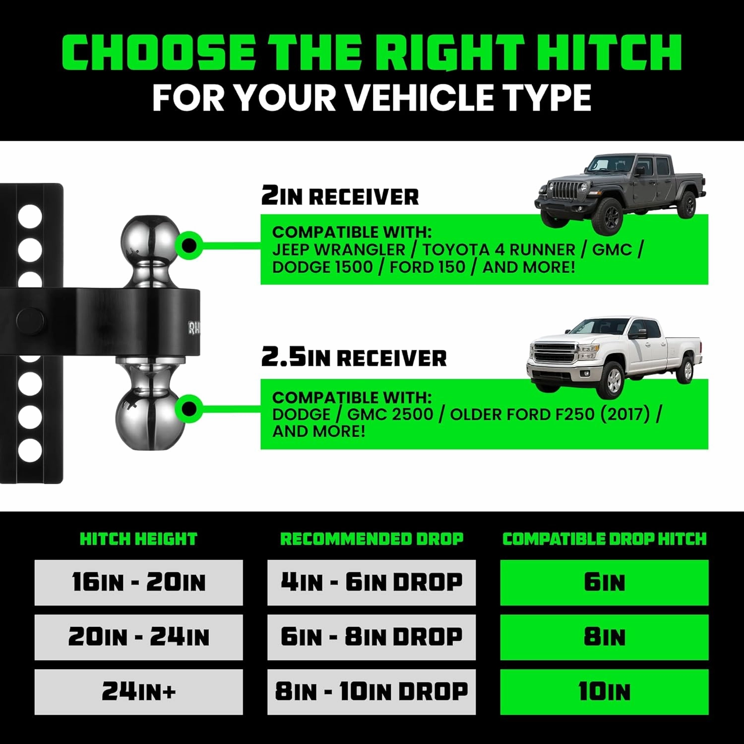 Rhino USA Adjustable Trailer Hitch (2-Inch Receiver) - Heavy Duty Aluminum Tow Hitches with 8-Inch Drop/Rise for Truck (12,500 LBS GTW) - Weatherproof Double Anti-Theft Locking Hitch Pins (Black)