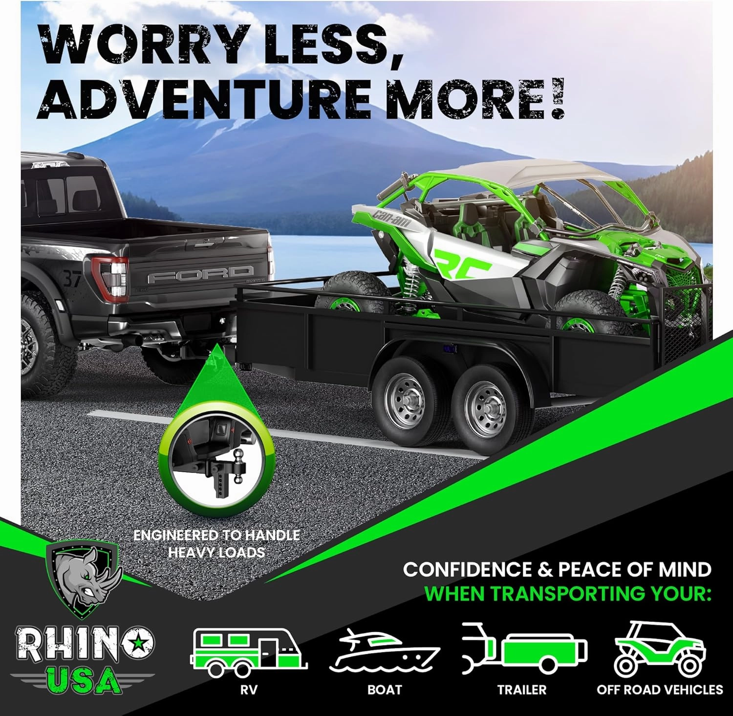 Rhino USA Adjustable Trailer Hitch (2-Inch Receiver) - Heavy Duty Aluminum Tow Hitches with 8-Inch Drop/Rise for Truck (12,500 LBS GTW) - Weatherproof Double Anti-Theft Locking Hitch Pins (Black)