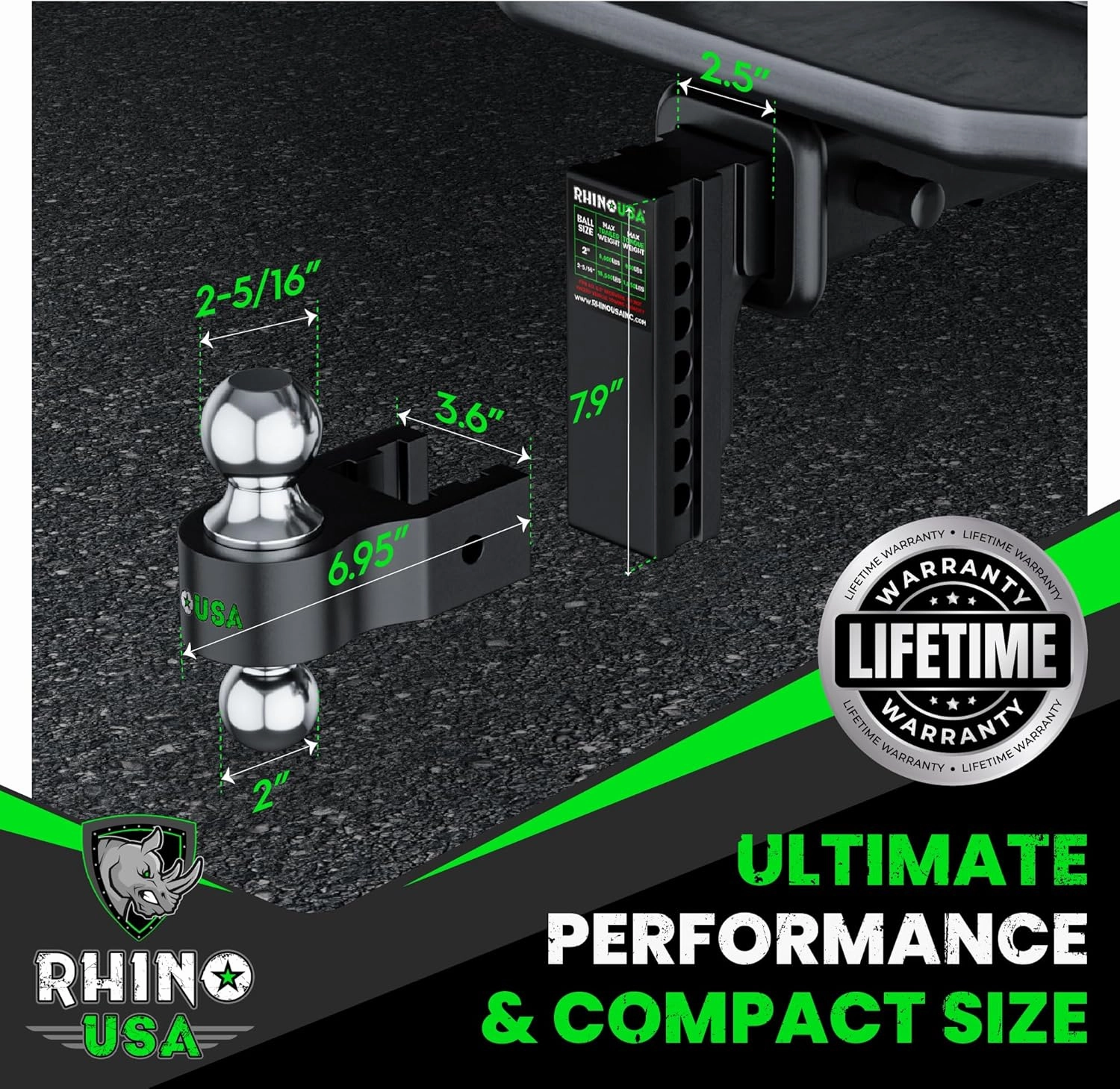 Rhino USA Adjustable Trailer Hitch (2-Inch Receiver) - Heavy Duty Aluminum Tow Hitches with 8-Inch Drop/Rise for Truck (12,500 LBS GTW) - Weatherproof Double Anti-Theft Locking Hitch Pins (Black)