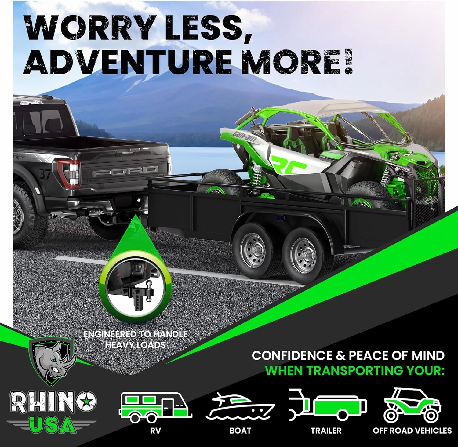 Rhino USA Adjustable Trailer Hitch (2-Inch Receiver) - Heavy Duty Aluminum Tow Hitches with 8-Inch Drop/Rise for Truck (12,500 LBS GTW) - Weatherproof Double Anti-Theft Locking Hitch Pins (Black)