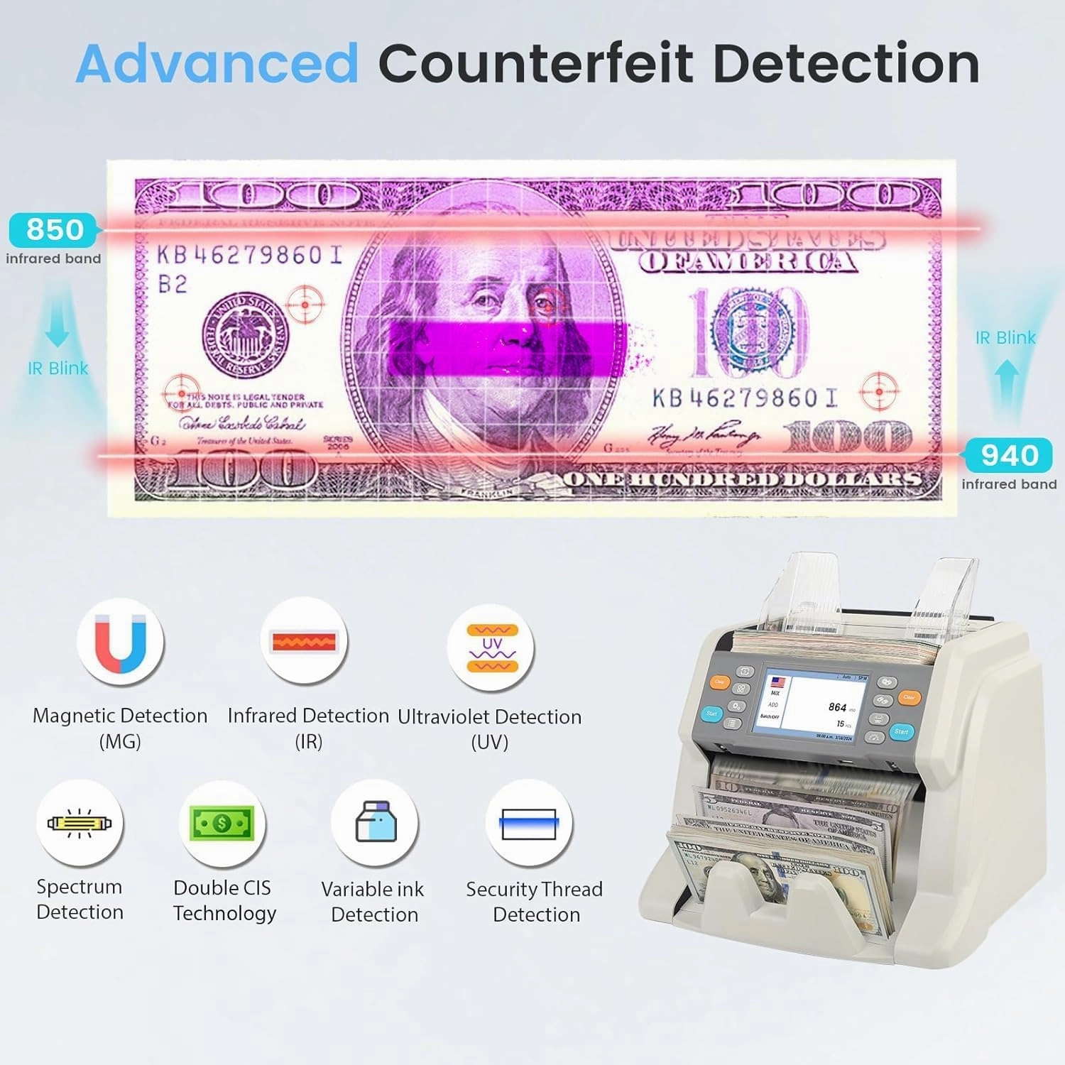 RIBAO MC-50 Premium Bank Grade Money Counter Machine Multi Currency Mixed Denomination Bill Cash Value Counter 2 CIS/UV/MG/MT/IR Serial Number Recording