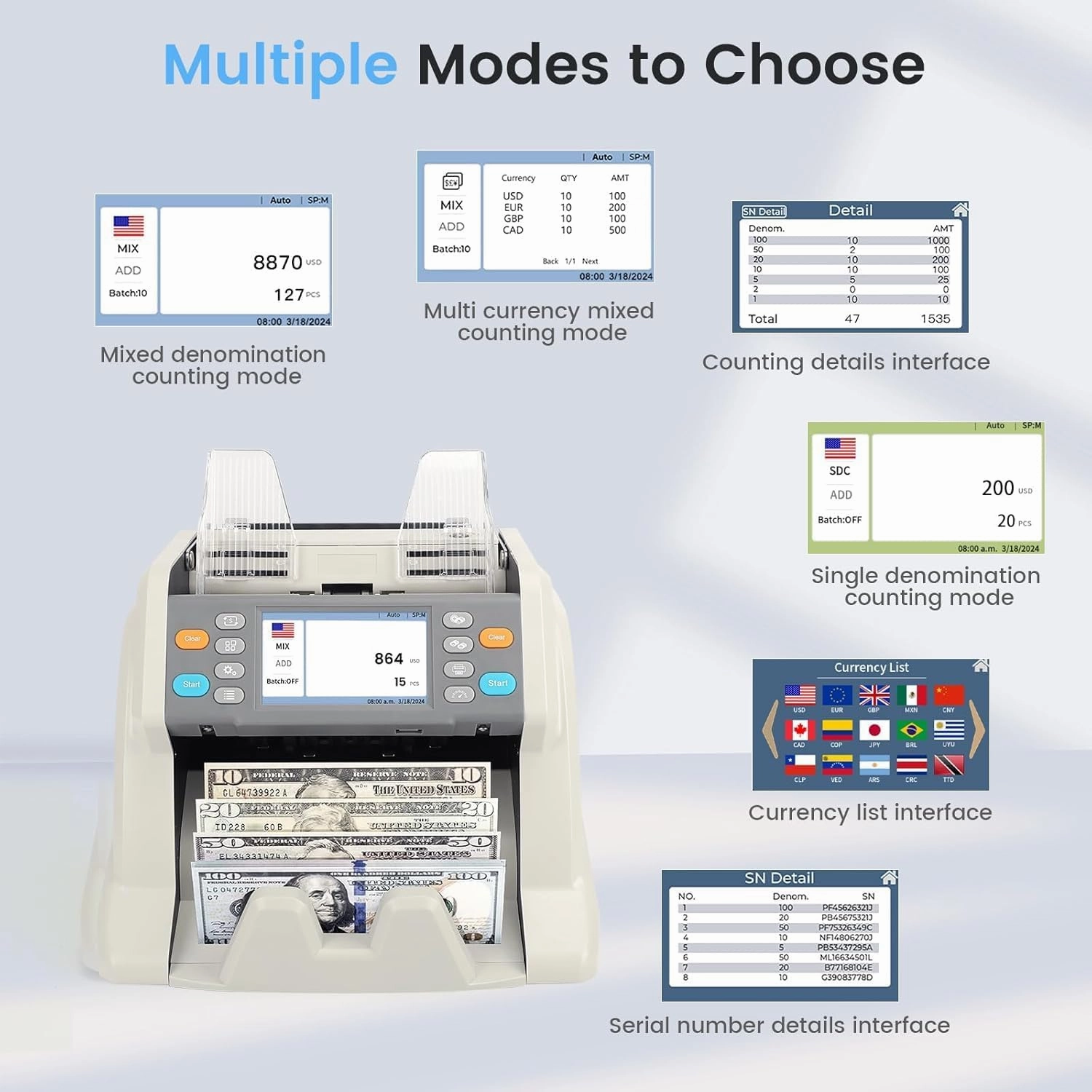 RIBAO MC-50 Premium Bank Grade Money Counter Machine Multi Currency Mixed Denomination Bill Cash Value Counter 2 CIS/UV/MG/MT/IR Serial Number Recording
