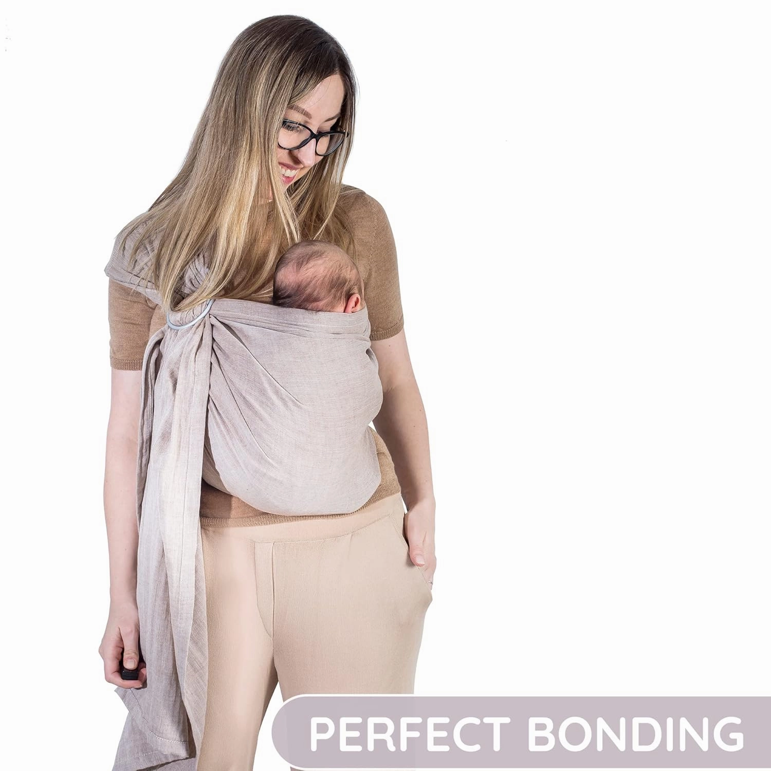 Ring Sling Baby Carrier 100% Cotton Muslin Front and Chest Newborn to Toddler Carrier and Baby Sling (Sand)