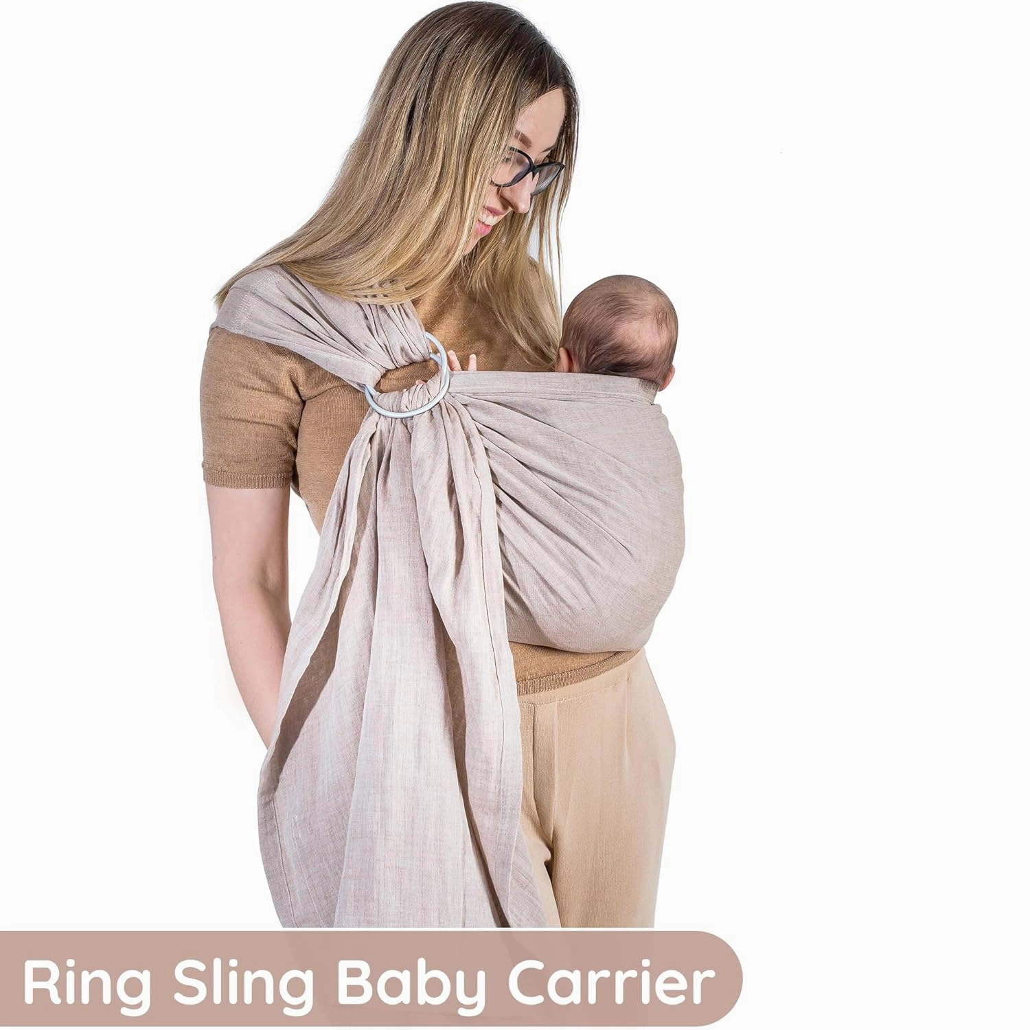 Ring Sling Baby Carrier 100% Cotton Muslin Front and Chest Newborn to Toddler Carrier and Baby Sling (Sand)