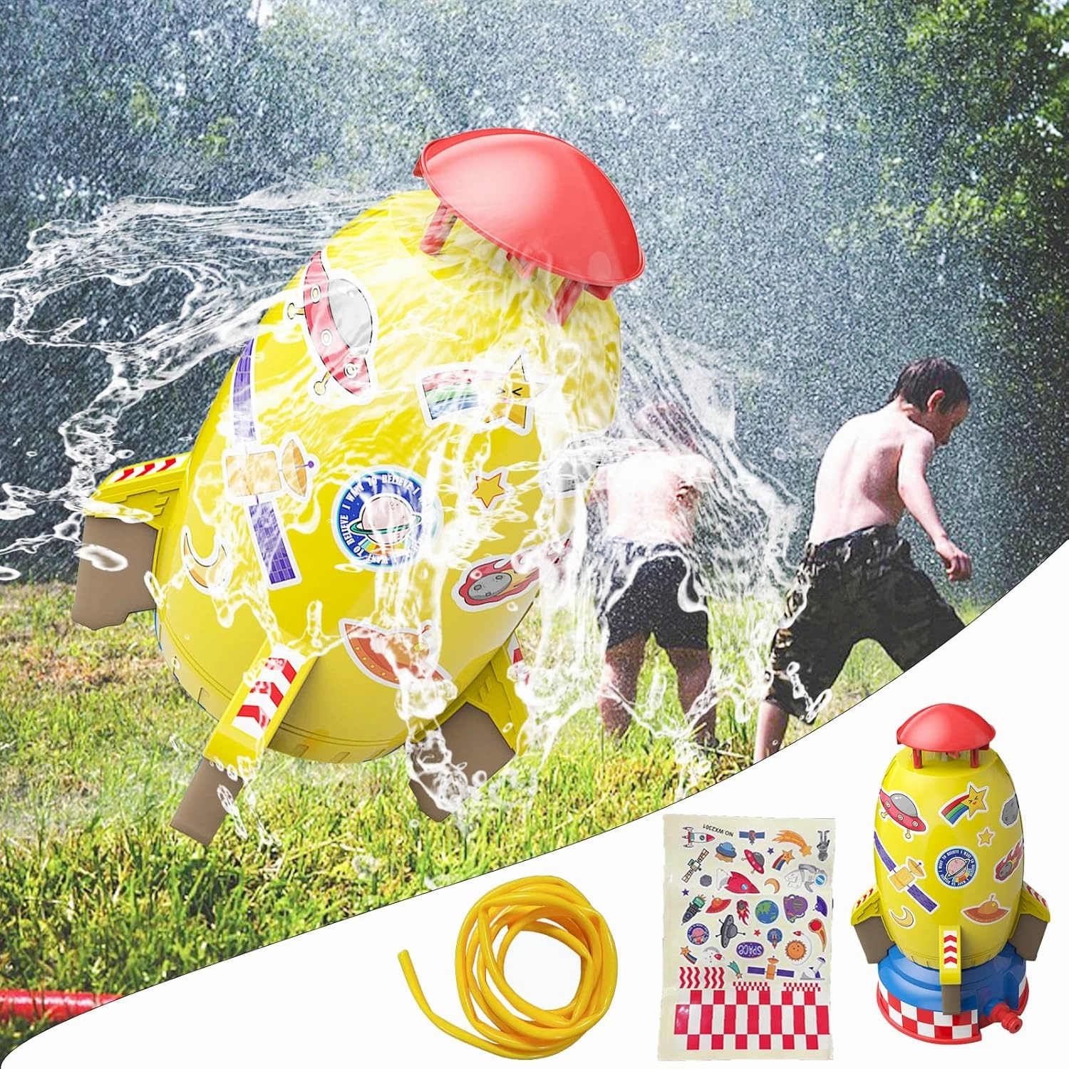 Rocket Toy, Outdoor Yard Sprinkler Toy Rocket Sprinkler Summer Toy | Water Pressure Control Flight Altitude | Water Sprayer Toys for Kids 3 Years and Up (Yellow)