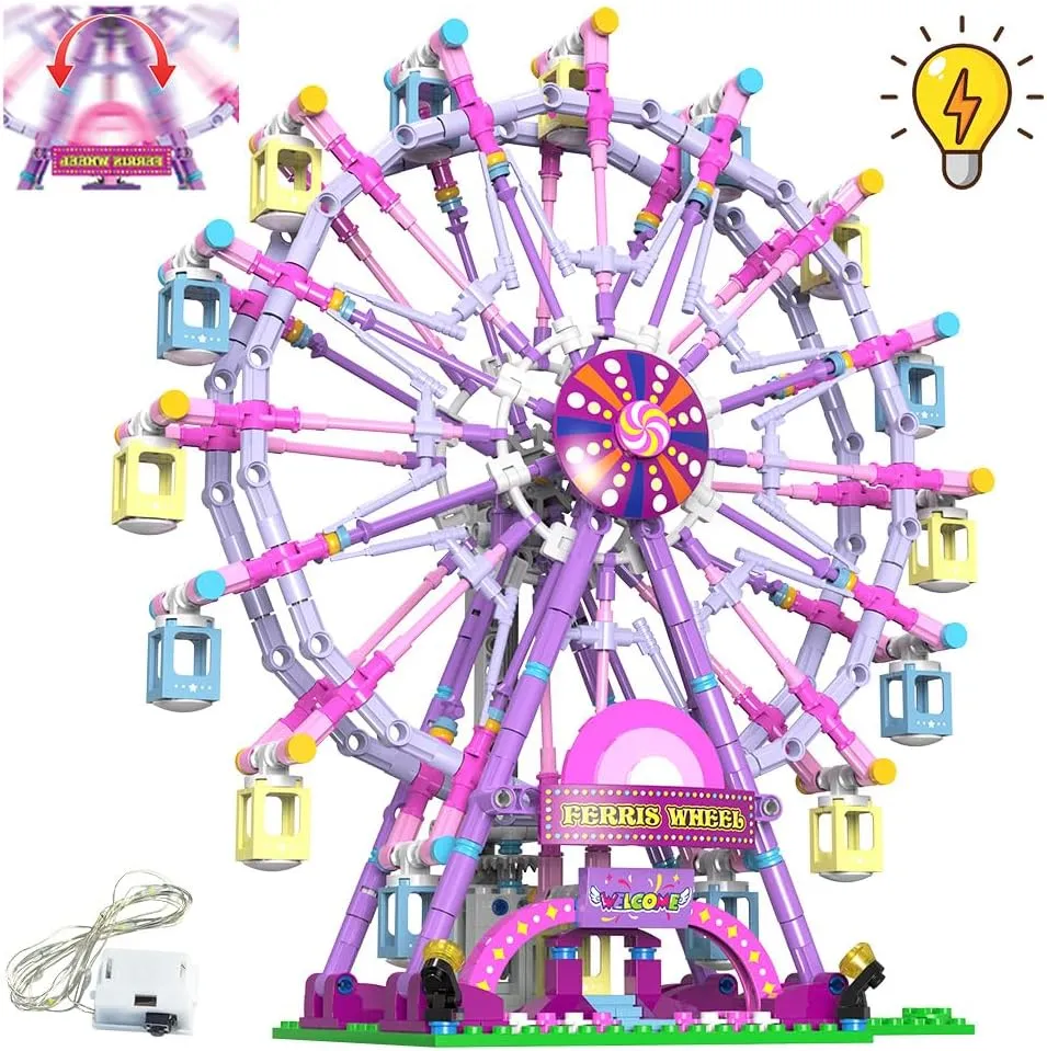 Rotating Ferris Wheel Building Blocks Set Toys with Lighting Kit, Carnival Amusement Park Construction Kits for Kids Children, Great Gift for Age 6  Years Old（813pcs）-Pink