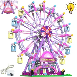 Rotating Ferris Wheel Building Blocks Set Toys with Lighting Kit, Carnival Amusement Park Construction Kits for Kids Children, Great Gift for Age 6  Years Old（813pcs）-Pink