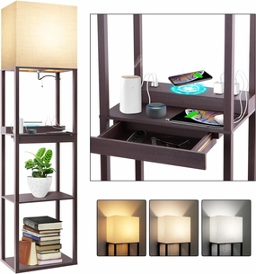RUNTOP Floor Lamp with Shelves, Modern Standing Lamp with Wireless Charger, 1 Drawer and 2 USB Ports & 2 Power Outlet, 15W LED Bulb 3 Colors, Memory Function, Shelf Lamp for Living Room and Bedroom