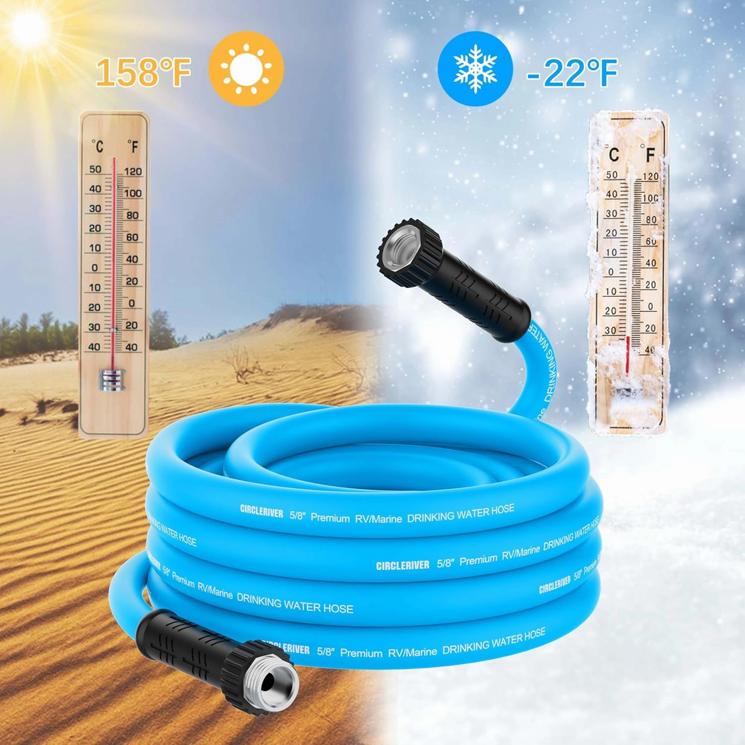 RV Water Hose 50FT, 5/8" Premium RV Drinking Water Hose for RV, Camping, Marine, Trailer and Truck, BPA Free, Anti-Kink and Leak-Free, Drinking Water Safe-Blue