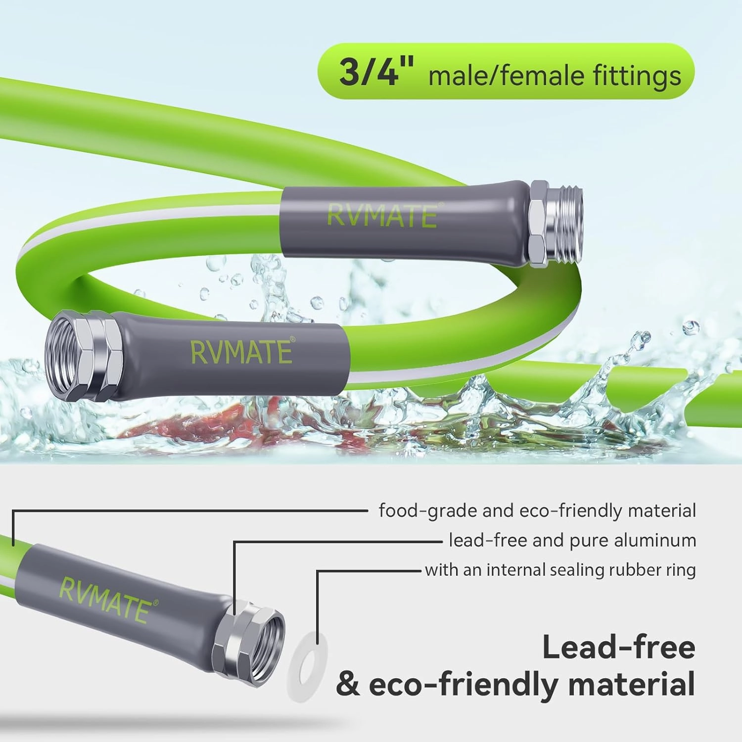 RVMATE RV Water Hose 100FT, 5/8” Inner Diameter Drinking Water Hose Lead-free, No Leaking Garden Hose For RV/Trailer/Camping, RV Accessories