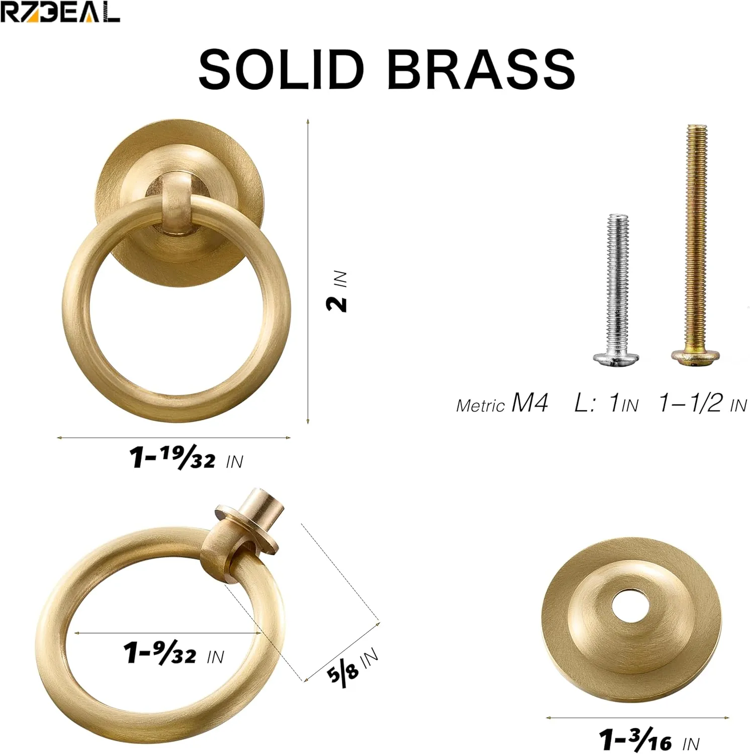 RZDEAL 4 Pack Solid Brass Cabinet Pulls Ring Drawer Pulls, Gold Kitchen Cabinet Handles Brass Brushed Drawer Handles