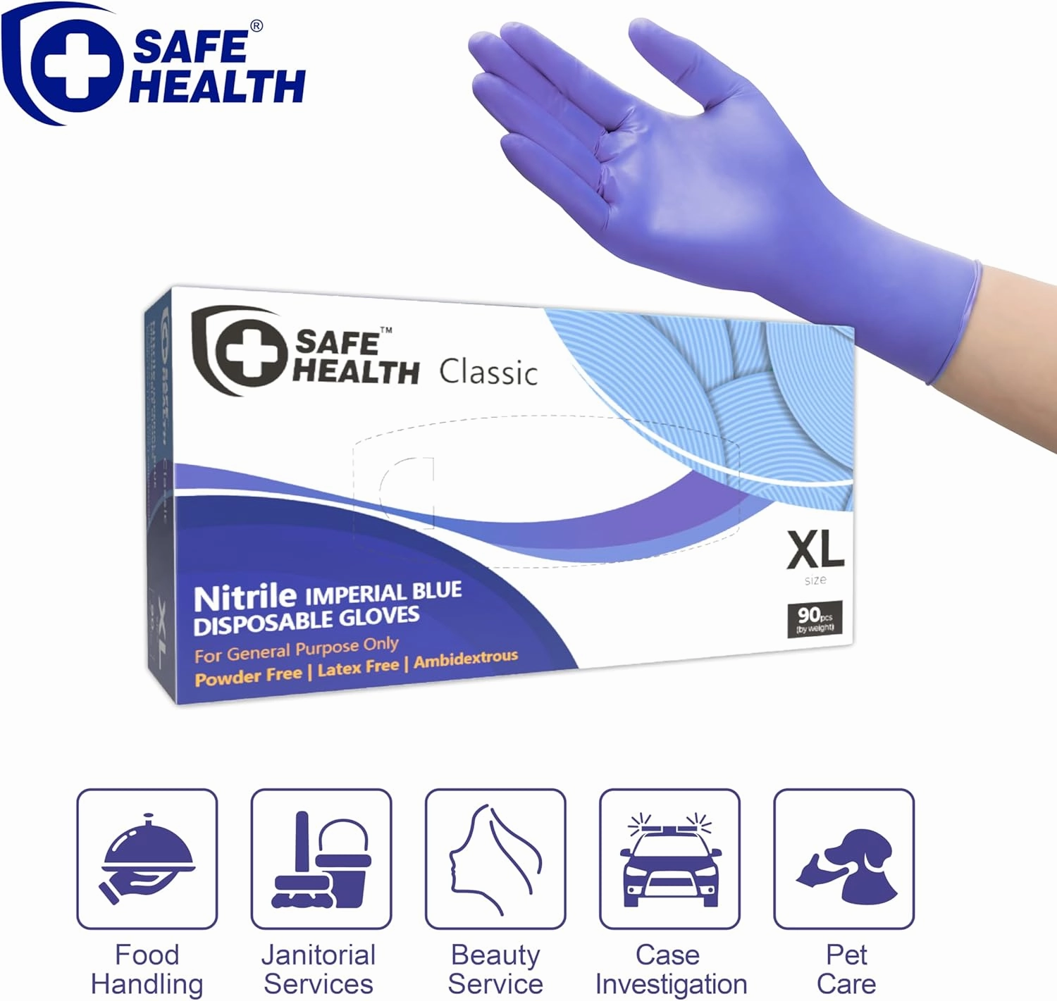 Safe Health Nitrile Imperial Blue Industrial Disposable Gloves, 3.5 Mil, Powder Free, Latex Free