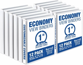 Samsill 1 Inch 3 Ring Binders, Made in USA, Economy Round Ring, Clear View Cover, 200 Sheet Capacity - for School, Home, Office - White, 12 Pack