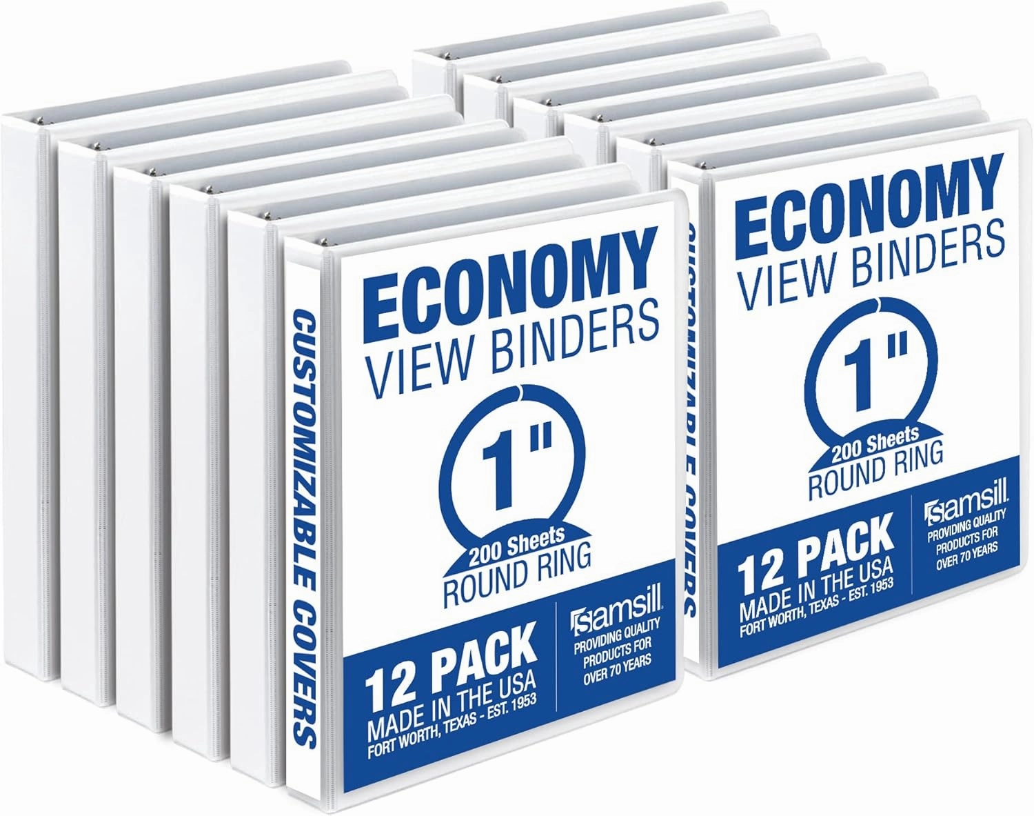 Samsill 1 Inch 3 Ring Binders, Made in USA, Economy Round Ring, Clear View Cover, 200 Sheet Capacity - for School, Home, Office - White, 12 Pack