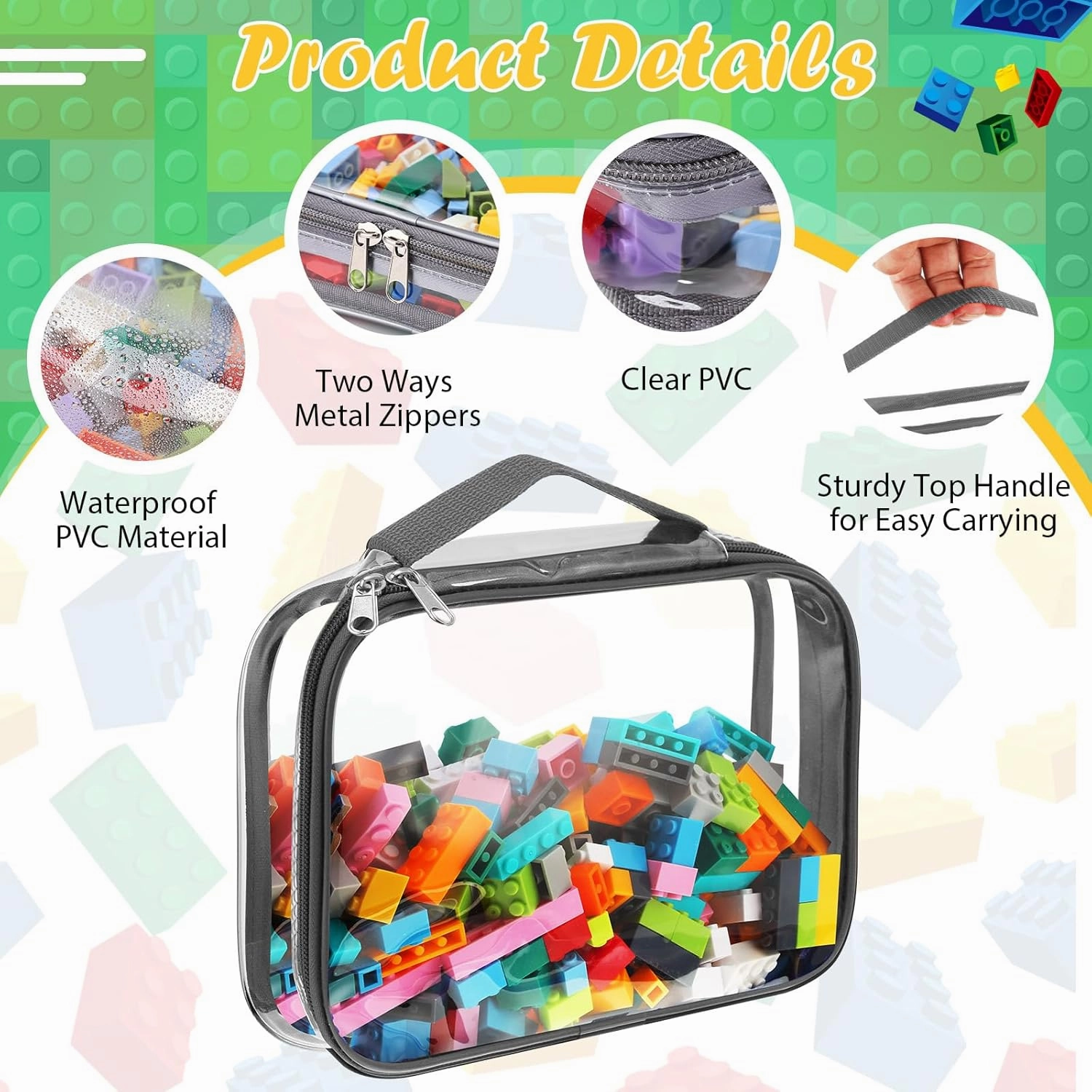 Sanwuta 3 Packs Toy Storage Bags with Zipper, Clear PVC Organizing Waterproof Toy Bags for Board Games, Building Blocks, and Kids Books(12.6 x 9 x 2.36 Inch,Gray)