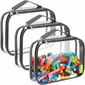 Sanwuta 3 Packs Toy Storage Bags with Zipper, Clear PVC Organizing Waterproof Toy Bags for Board Games, Building Blocks, and Kids Books(12.6 x 9 x 2.36 Inch,Gray)