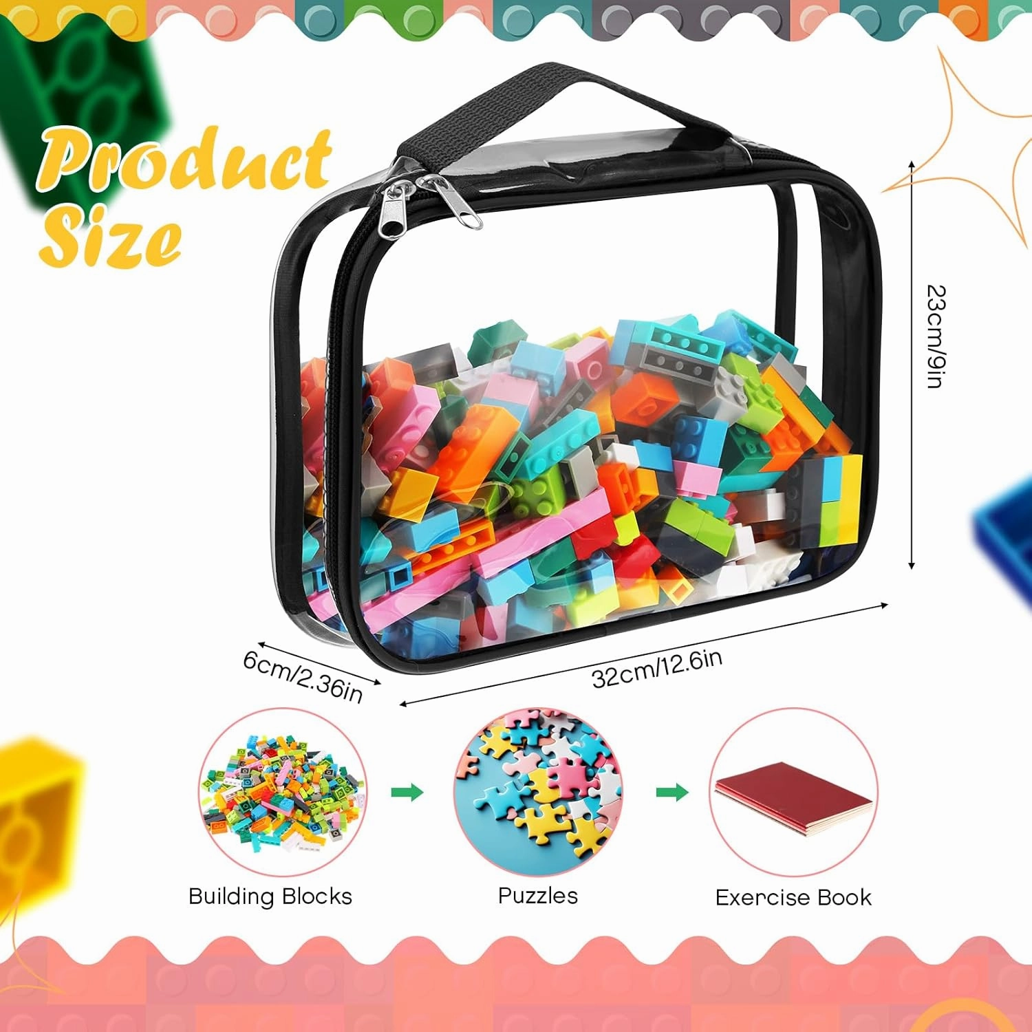 Sanwuta 3 Packs Toy Storage Bags with Zipper, Clear PVC Organizing Waterproof Toy Bags for Board Games, Building Blocks, and Kids Books(12.6 x 9 x 2.36 Inch,Gray)