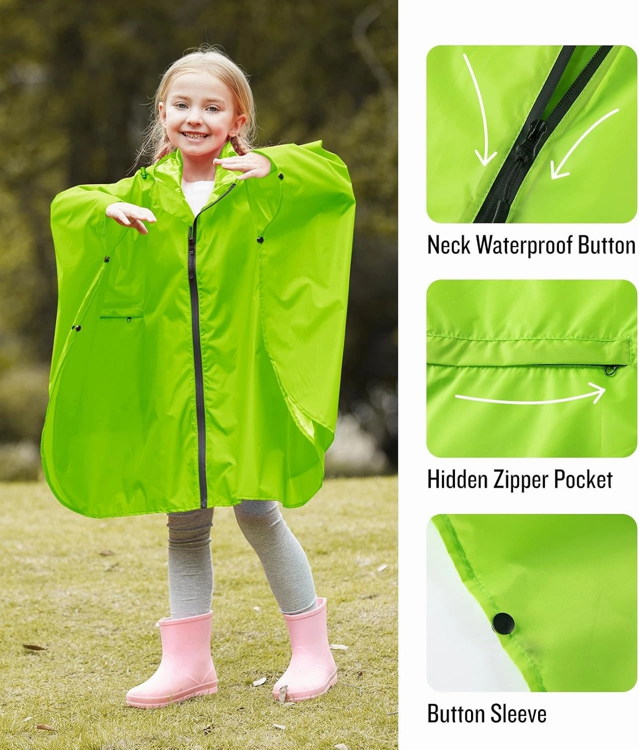 SaphiRose Lightweight Kids Rain Poncho Waterproof Jacket Zipper Up Rain Coat