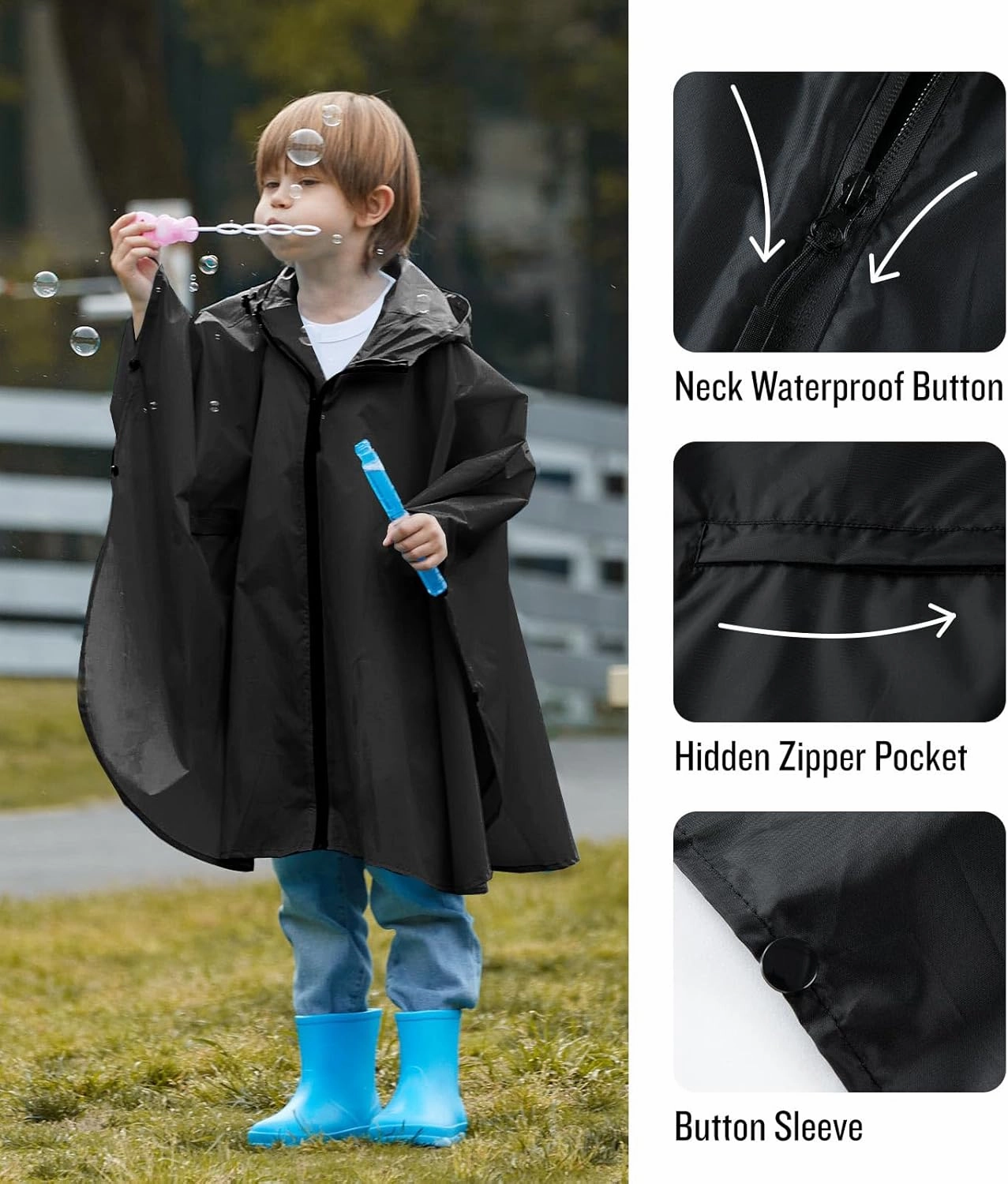 SaphiRose Lightweight Kids Rain Poncho Waterproof Jacket Zipper Up Rain Coat