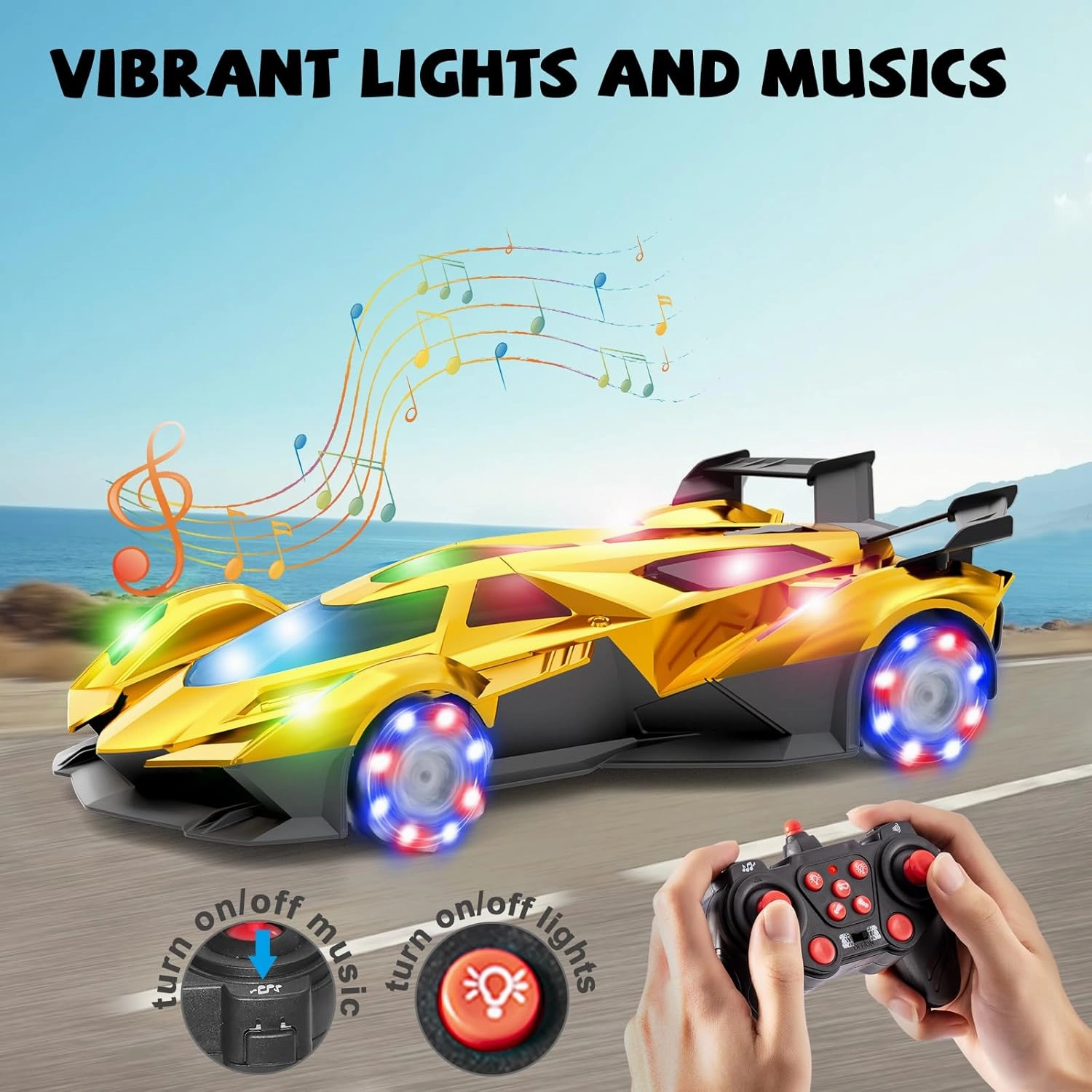 SASBSC Lambo Remote Control Car for Boys 4-7 8-12 Rc Cars with 360° Rotation, Spray, Music & Lights 1:12 Rechargeable Rc Car Toys 10-12km/h Sport Race Toy Cars Gifts for Kids (Gold)