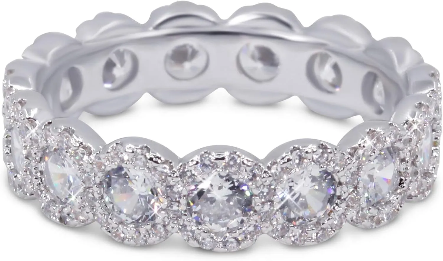 Savlano 18K White Gold Plated Cubic Zirconia Round Cut Eternity Ring Band for Women