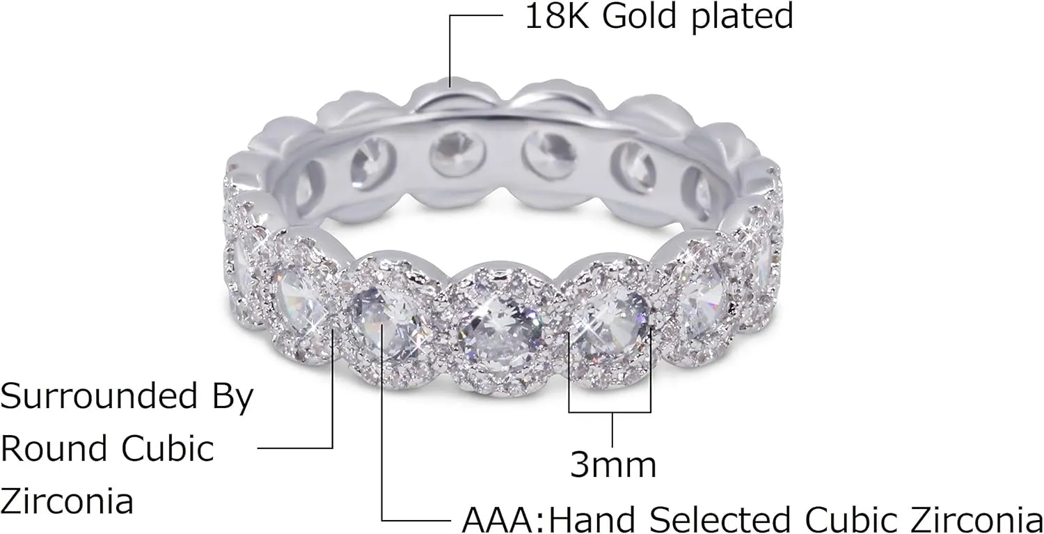 Savlano 18K White Gold Plated Cubic Zirconia Round Cut Eternity Ring Band for Women
