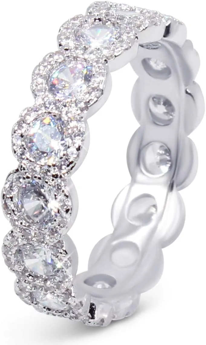Savlano 18K White Gold Plated Cubic Zirconia Round Cut Eternity Ring Band for Women