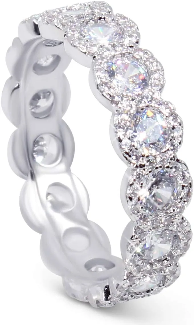Savlano 18K White Gold Plated Cubic Zirconia Round Cut Eternity Ring Band for Women