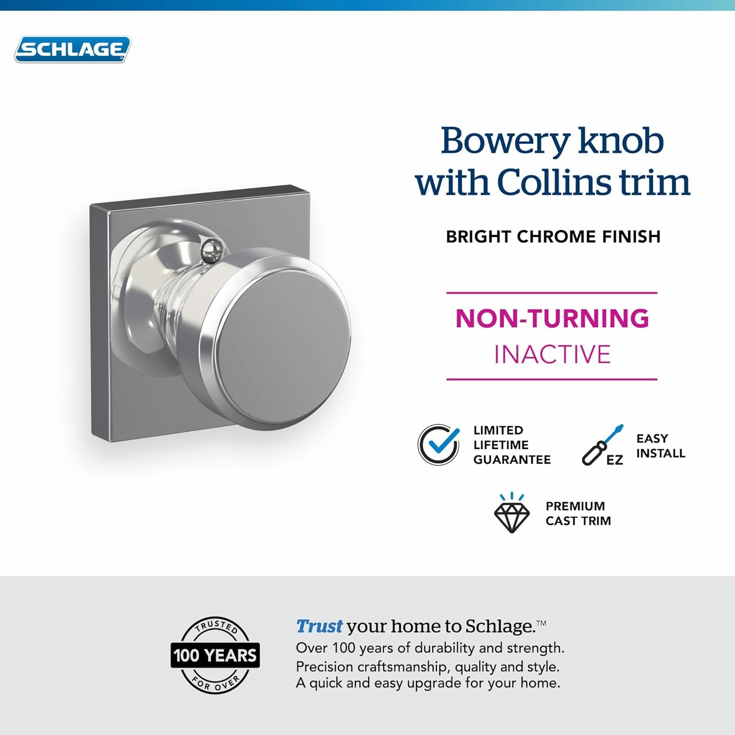 Schlage F170 BWE 625 COL Bowery Knob with Collins Trim Non-Turning Dummy Door Handle, Bright Chrome