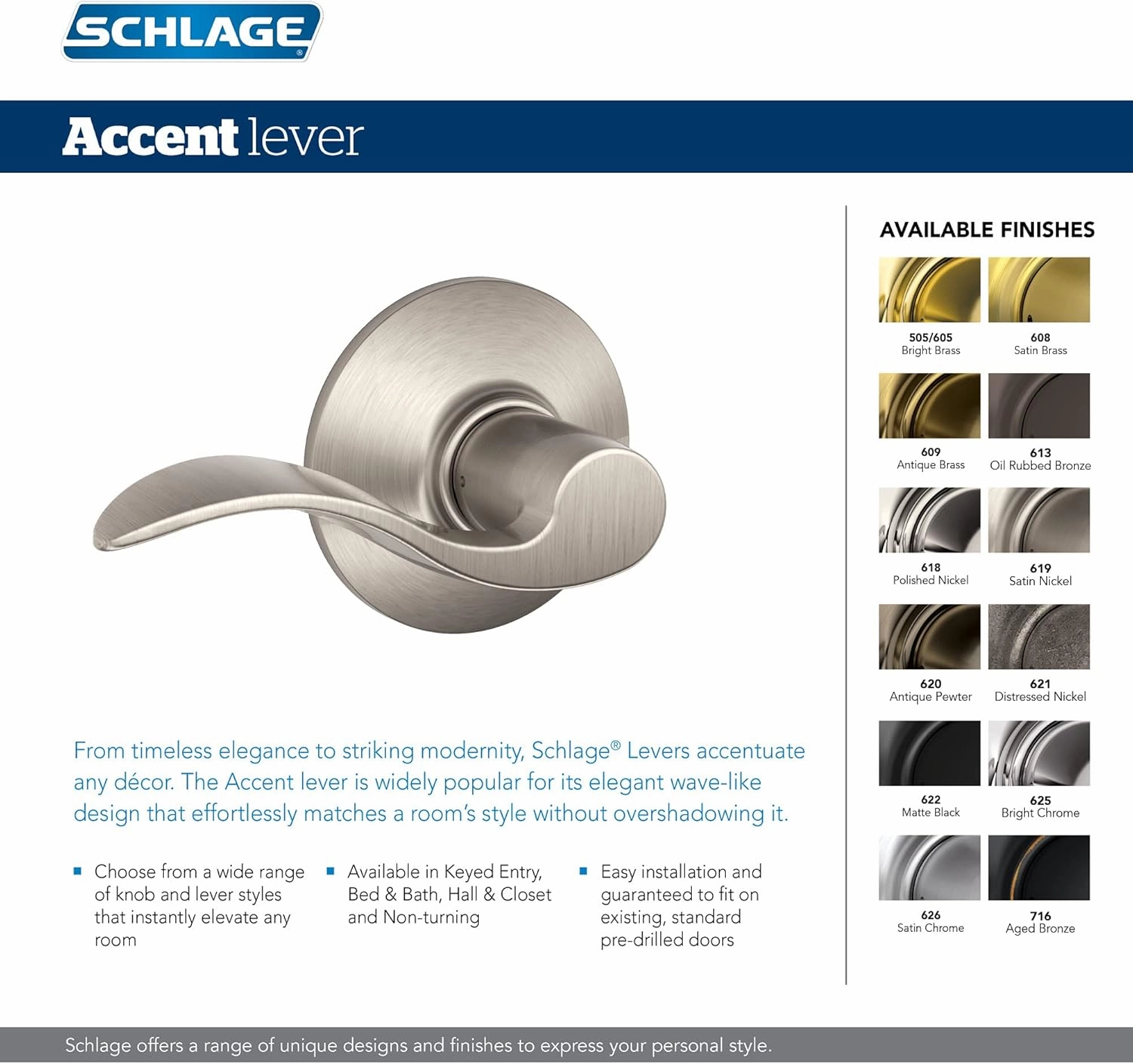 Schlage F40 V ACC 605 Accent Door Lever, Bed & Bath Privacy Lock, Bright Brass